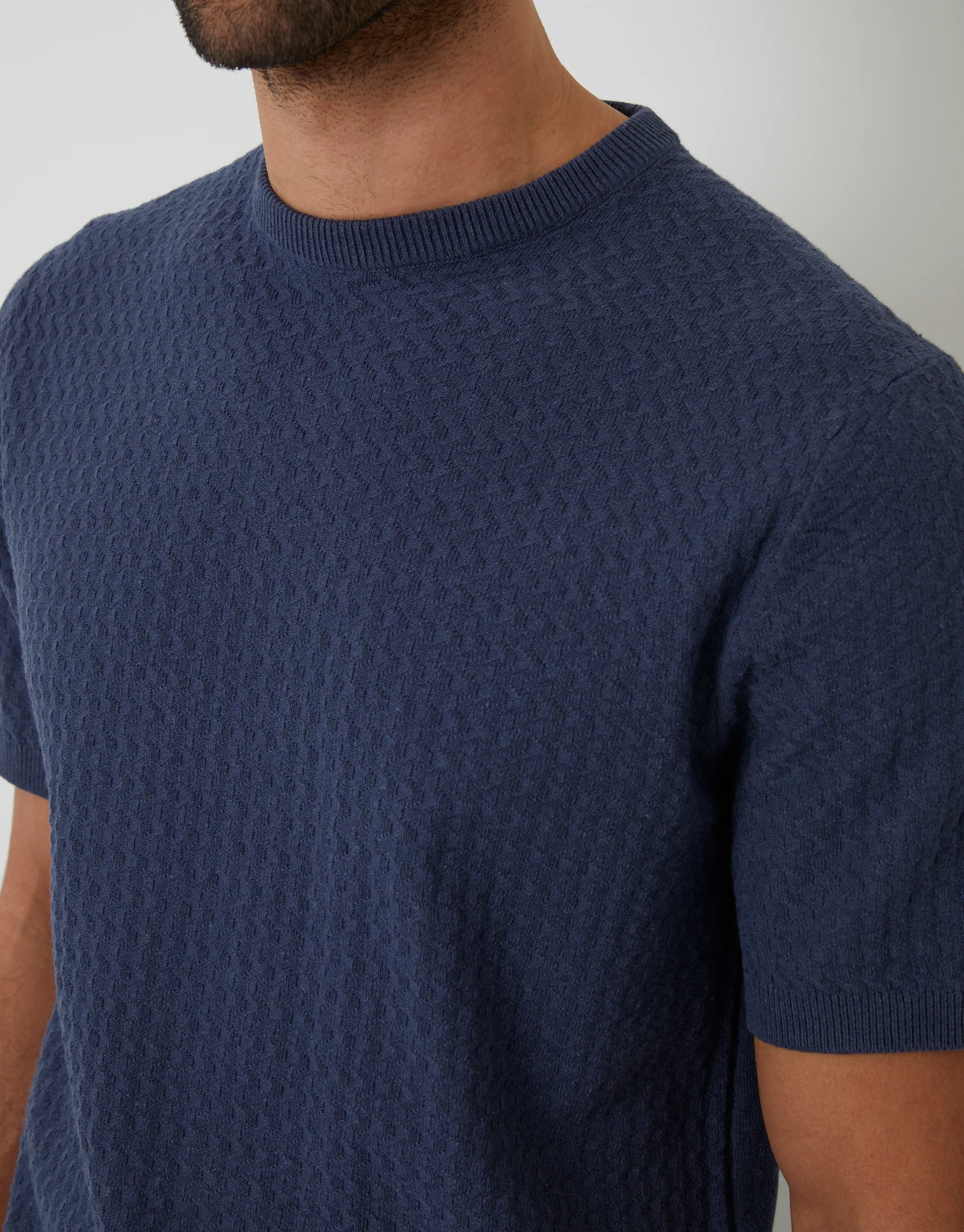 Textured Front Knitted T-Shirt in Denim Blue - Image 4