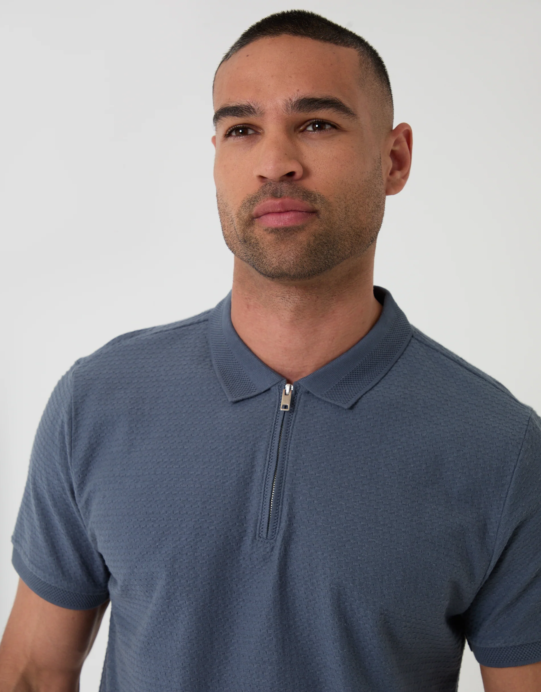 Textured Quarter Zip Polo Shirt in Denim Blue - Image 4
