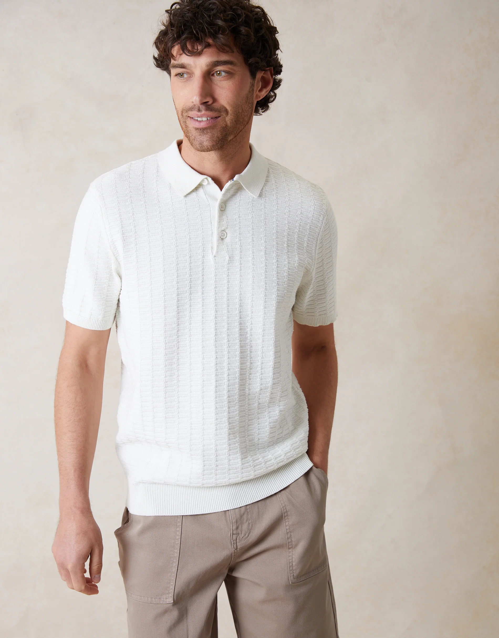 Button Collar Textured Knit Polo in Ecru