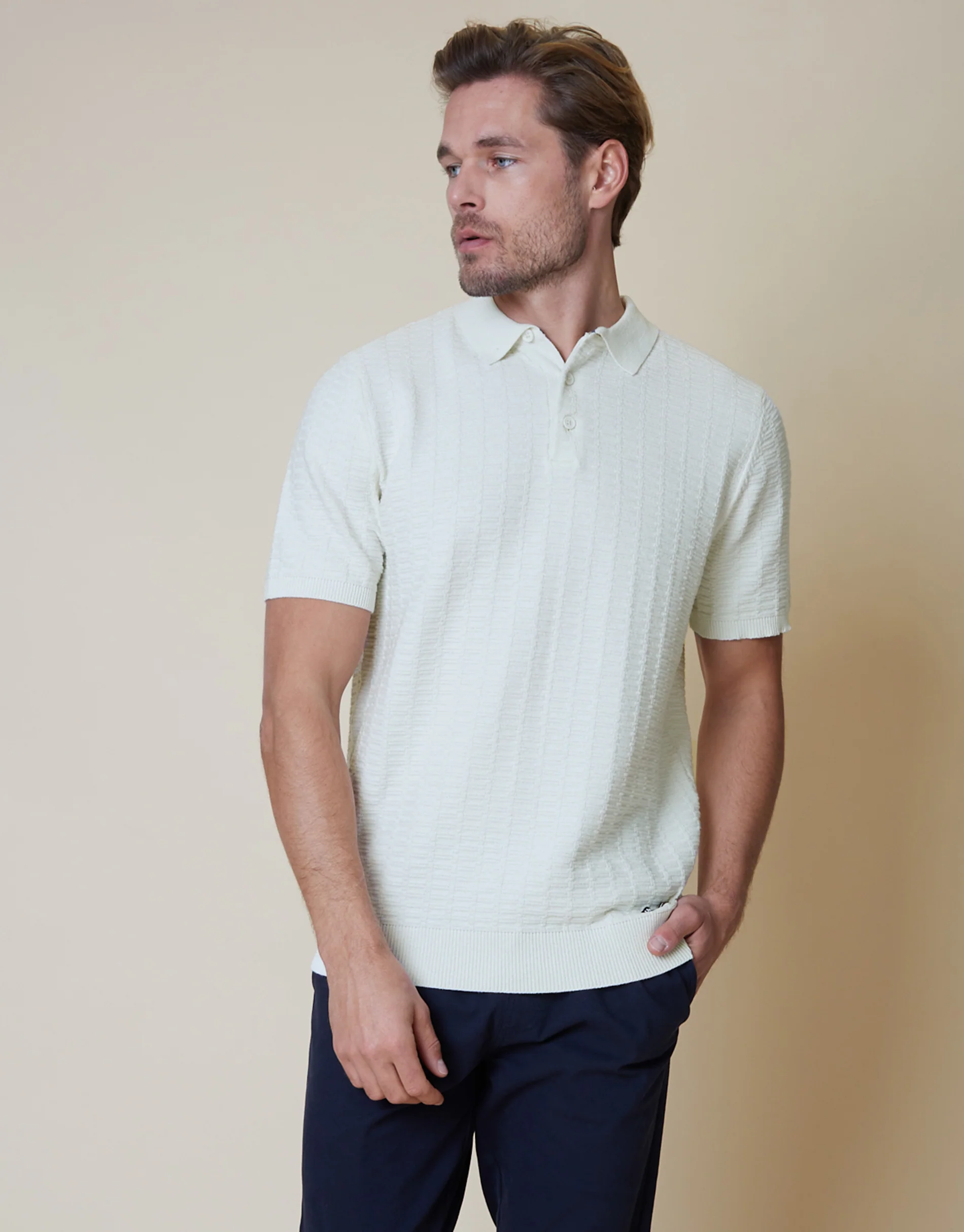 Button Collar Textured Knit Polo in Ecru - Image 2