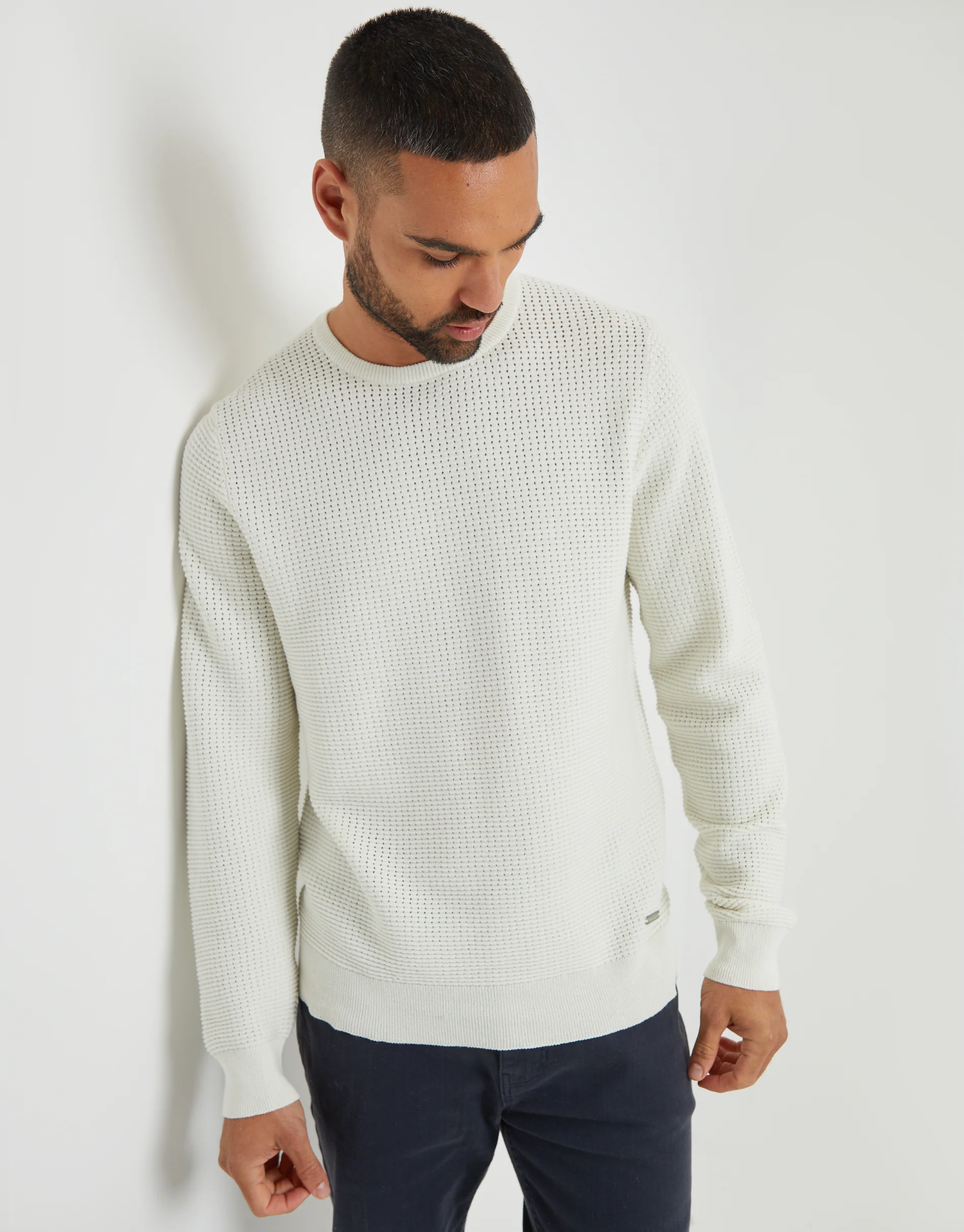 Crochet Knit Crew Neck Jumper in Ecru