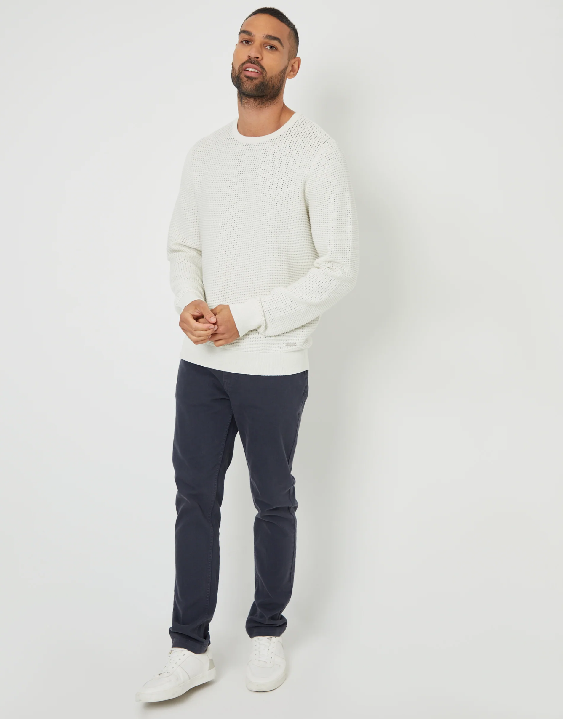 Crochet Knit Crew Neck Jumper in Ecru - Image 3