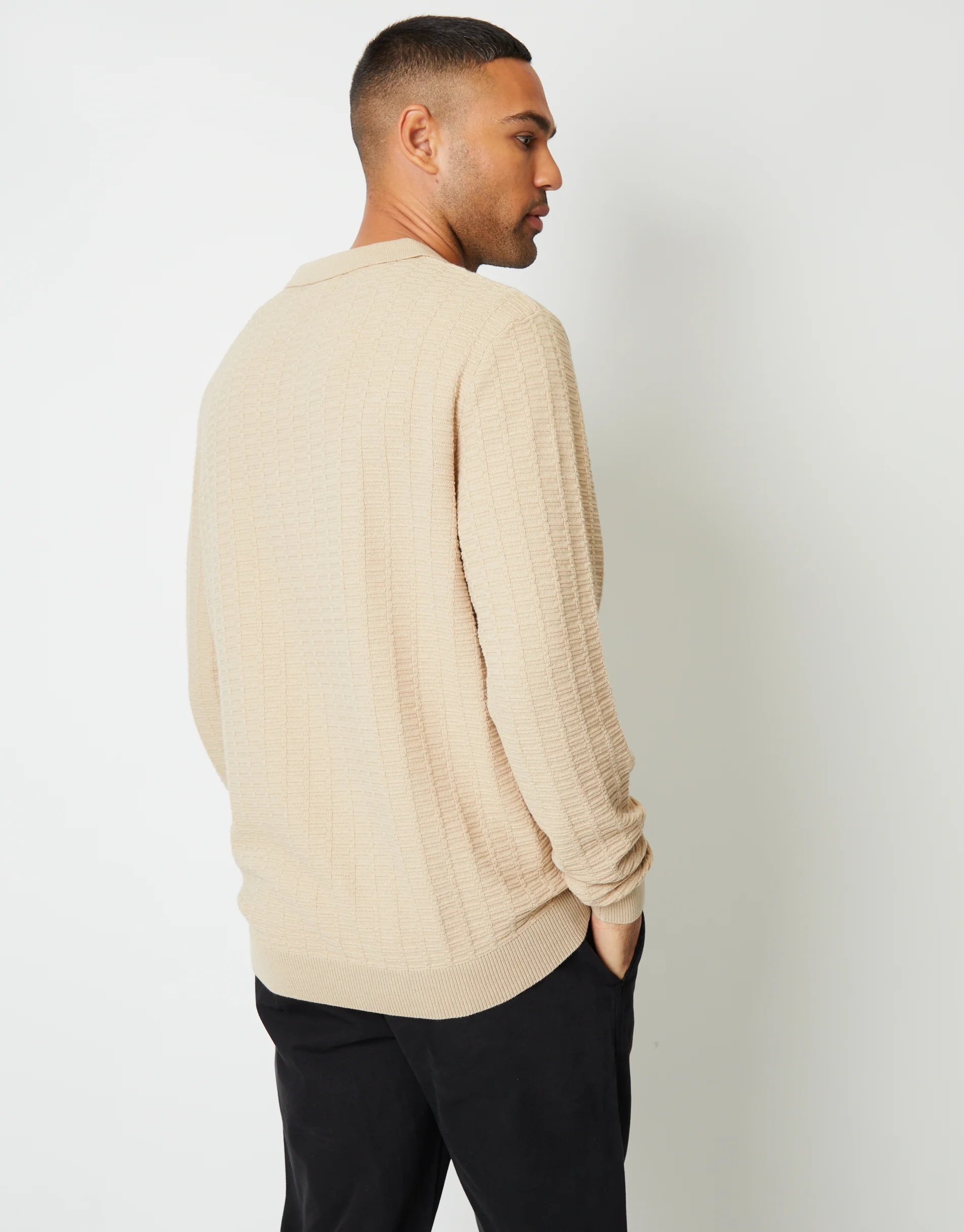 Long Sleeve Textured Knitted Polo Jumper in Ecru - Image 3