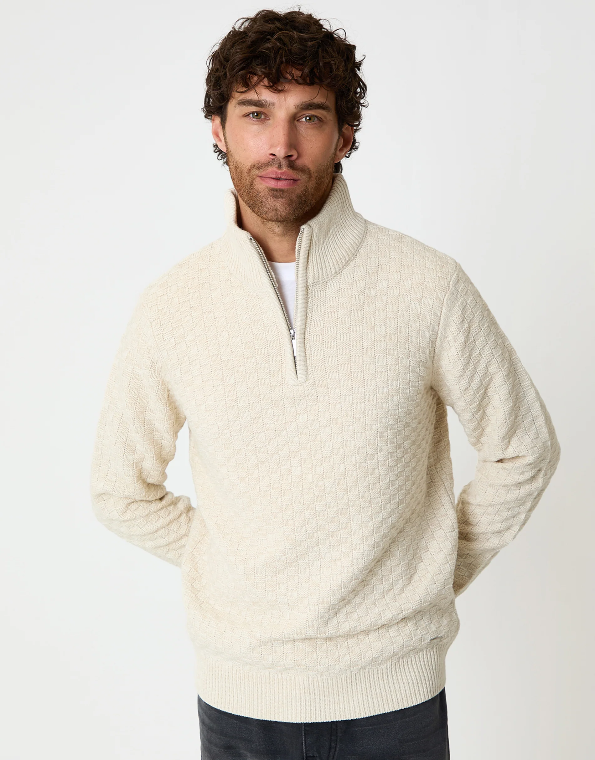 Basket Stitch Quarter Zip Jumper in Ecru