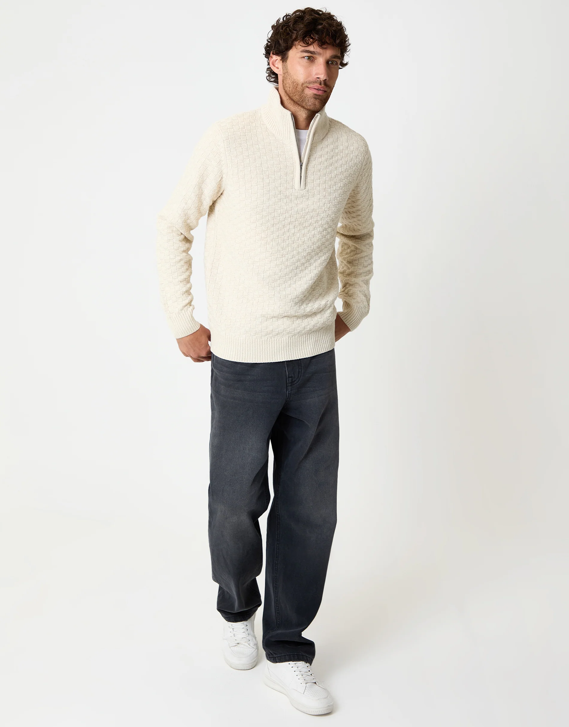 Basket Stitch Quarter Zip Jumper in Ecru - Image 3