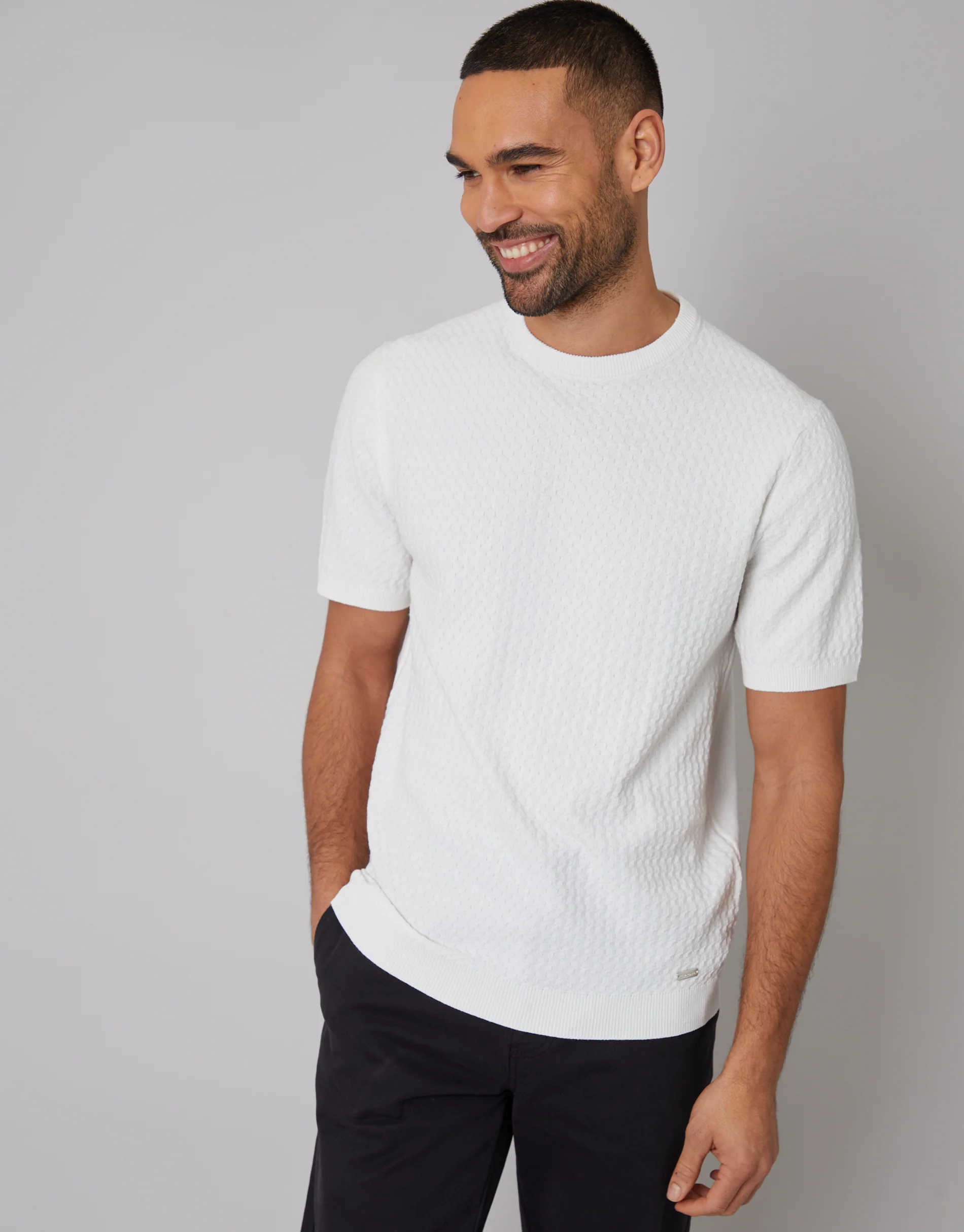 Textured Front Knitted T-Shirt in Ecru