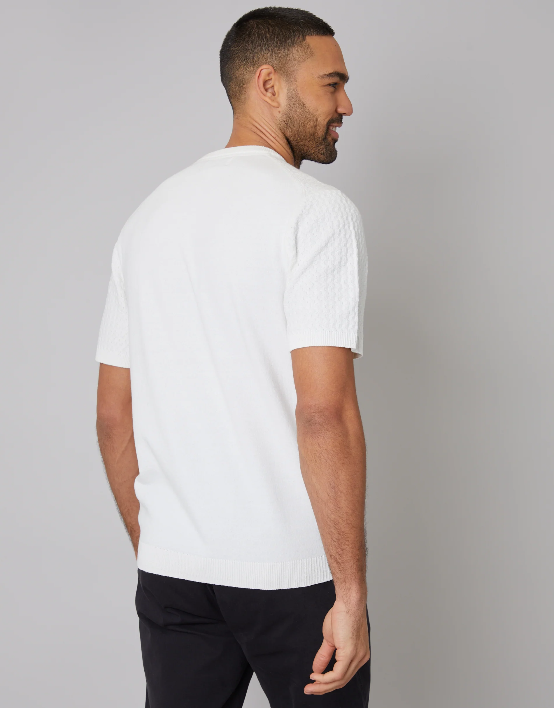 Textured Front Knitted T-Shirt in Ecru - Image 2