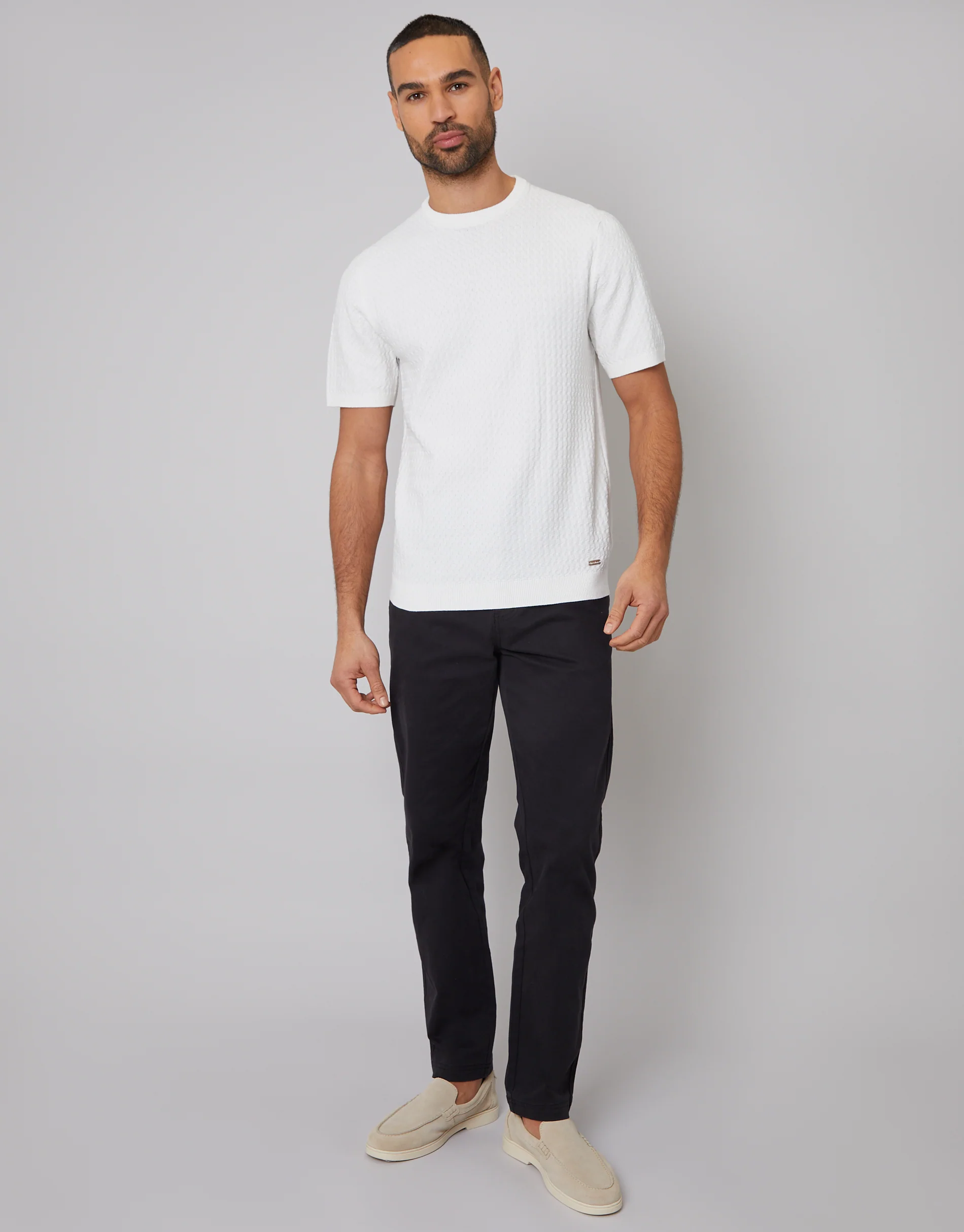 Textured Front Knitted T-Shirt in Ecru - Image 3