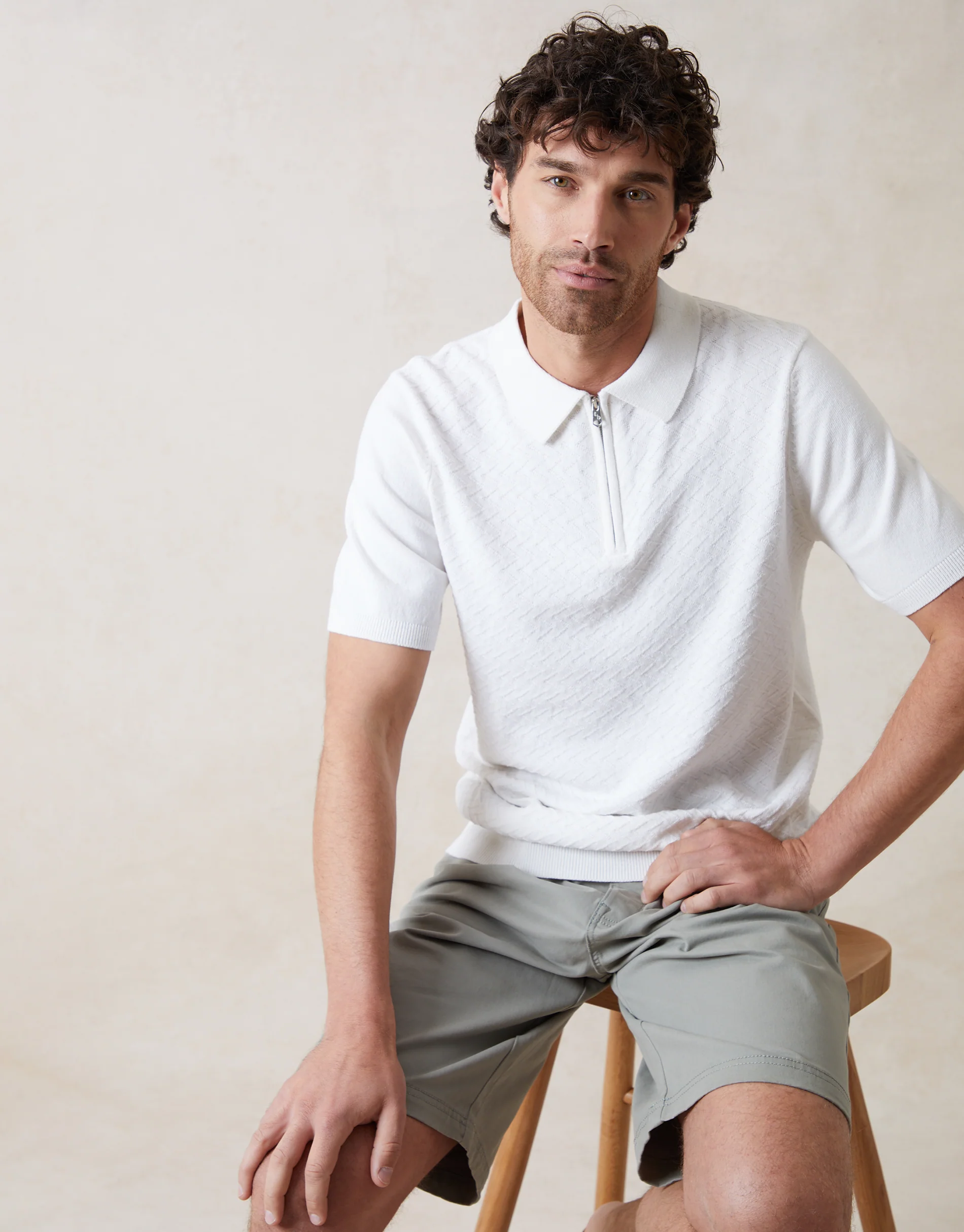 Textured Front Quarter Zip Knitted Polo in Ecru
