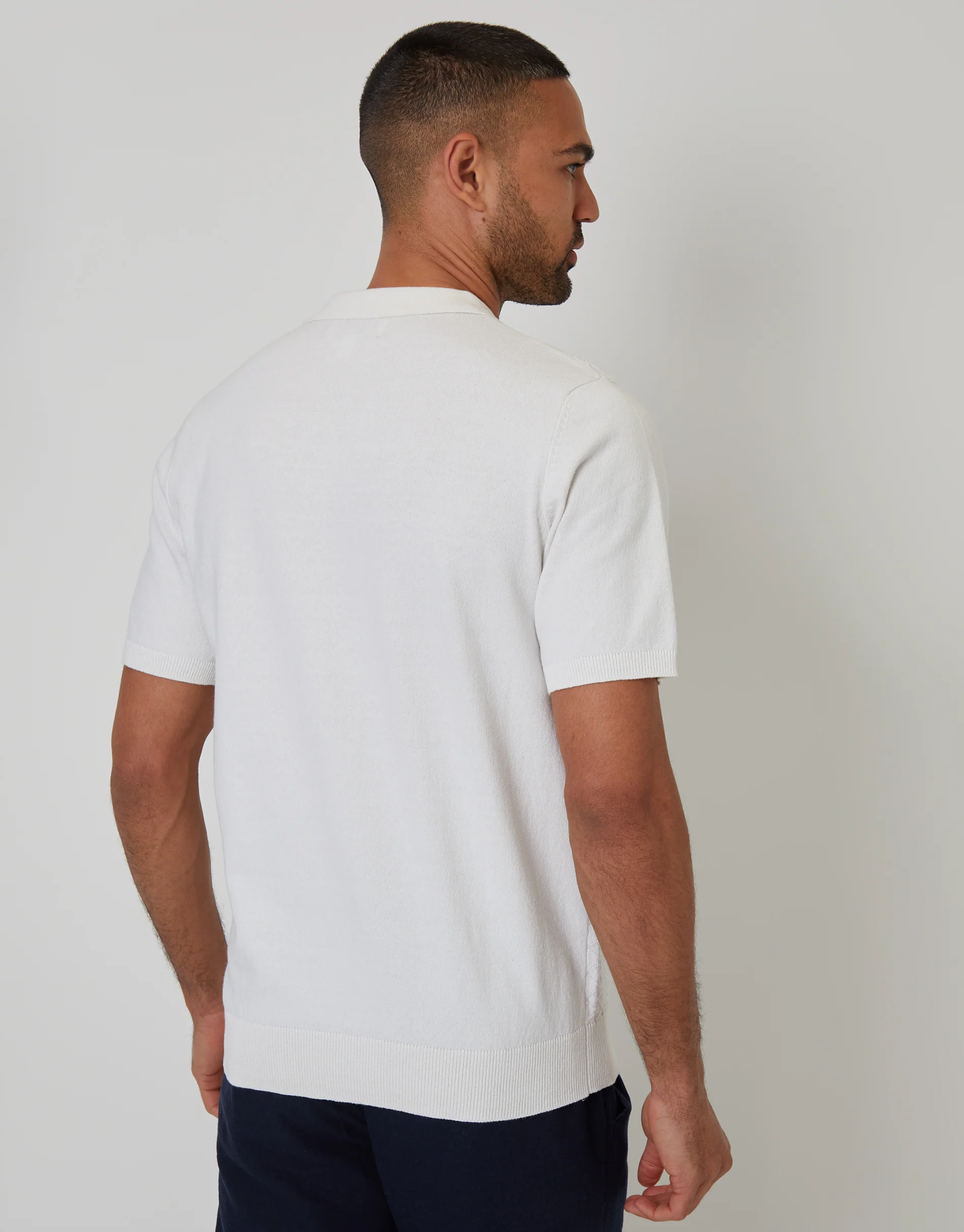 Textured Front Quarter Zip Knitted Polo in Ecru - Image 3