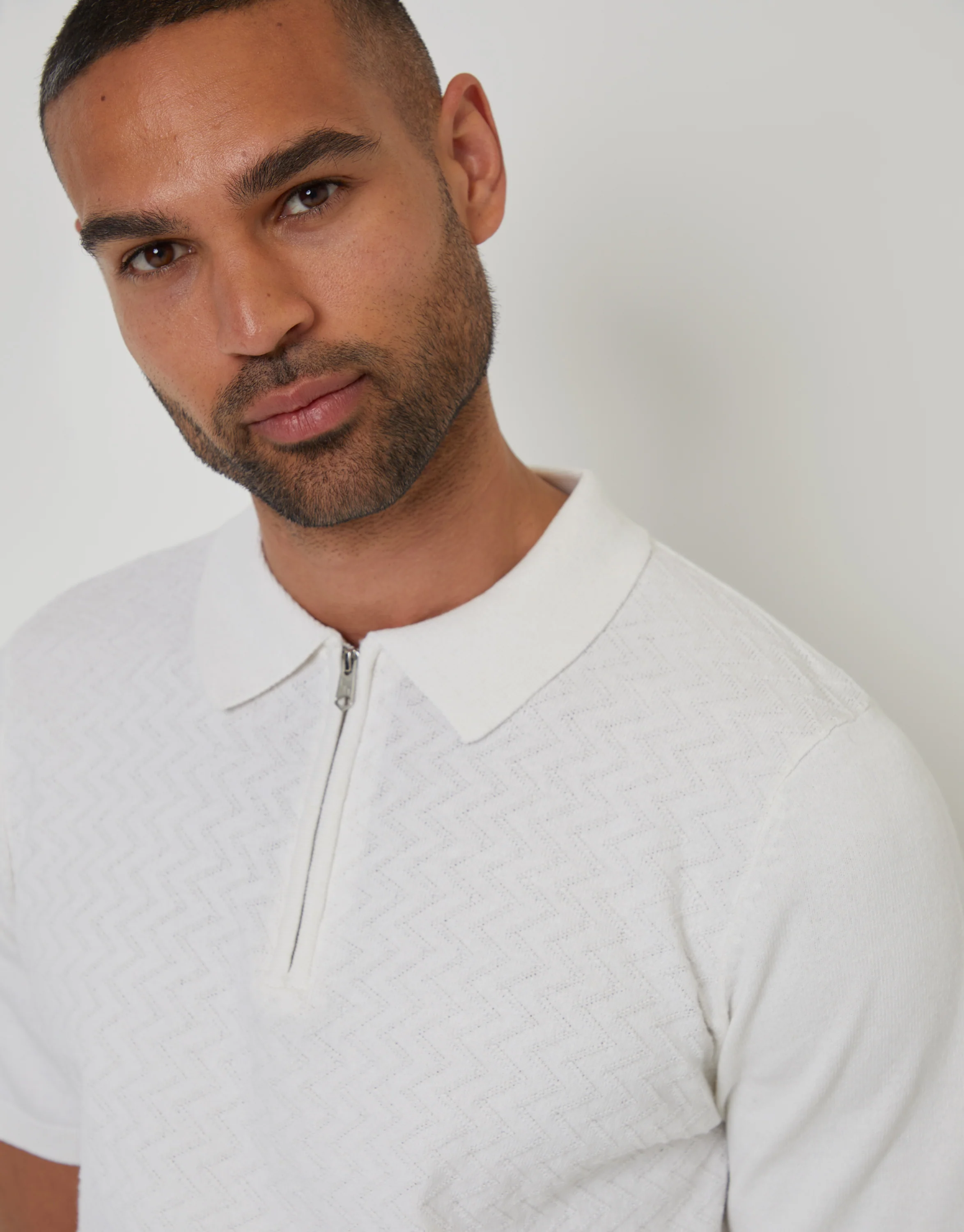 Textured Front Quarter Zip Knitted Polo in Ecru - Image 5