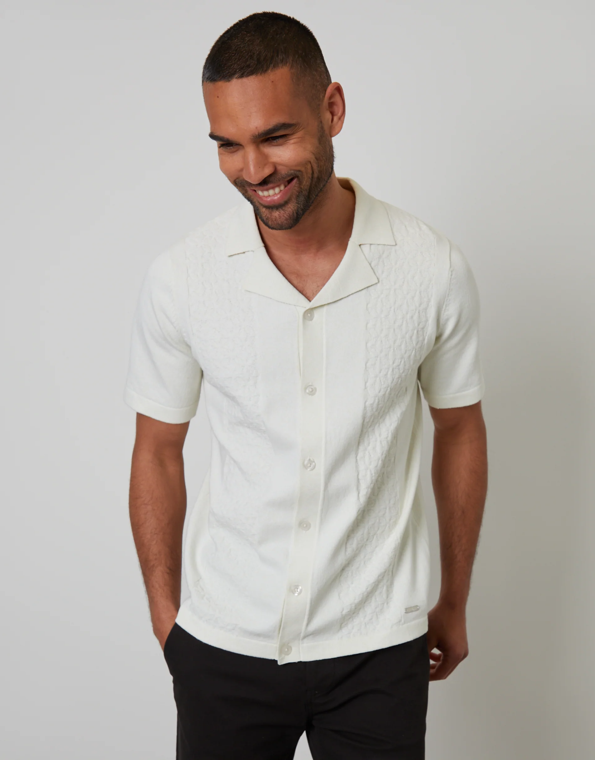 Textured Panel Revere Collar Knitted Shirt in Ecru