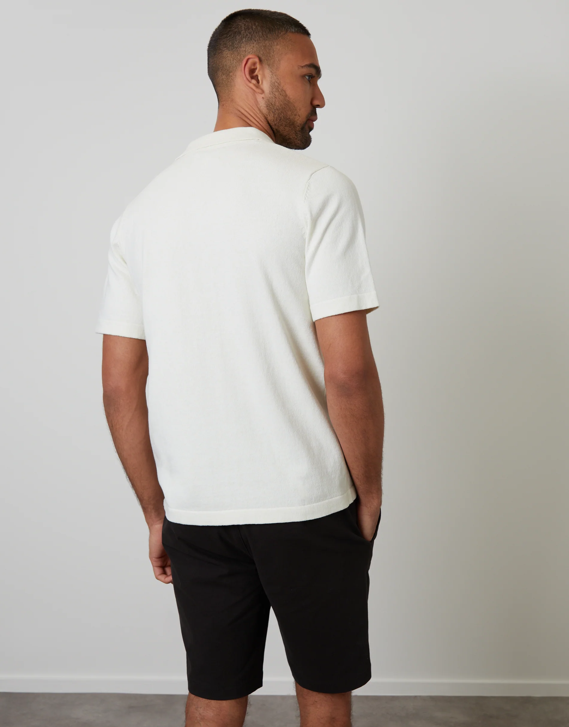 Textured Panel Revere Collar Knitted Shirt in Ecru - Image 2