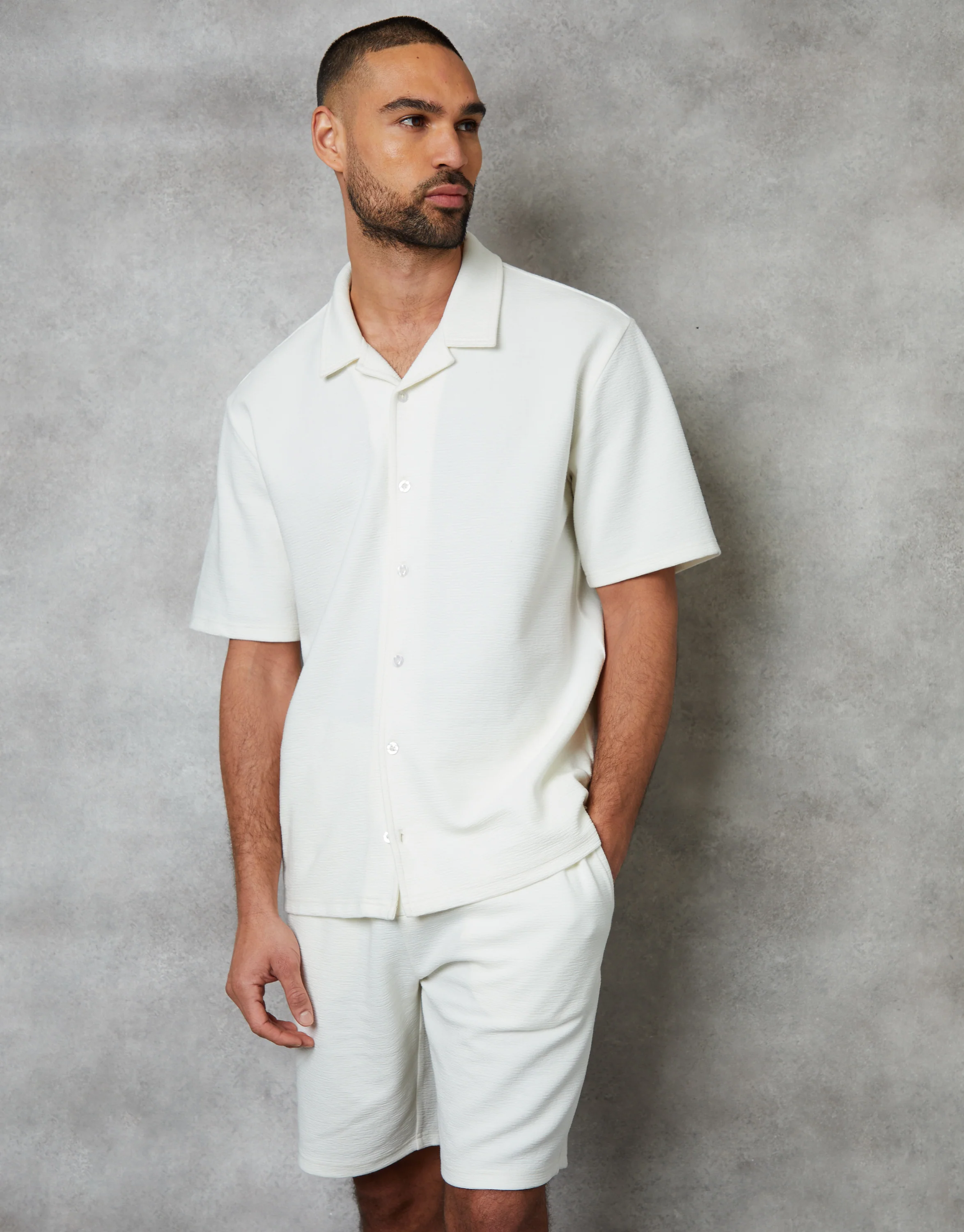 Textured Revere Collar Short Sleeve Shirt in Ecru