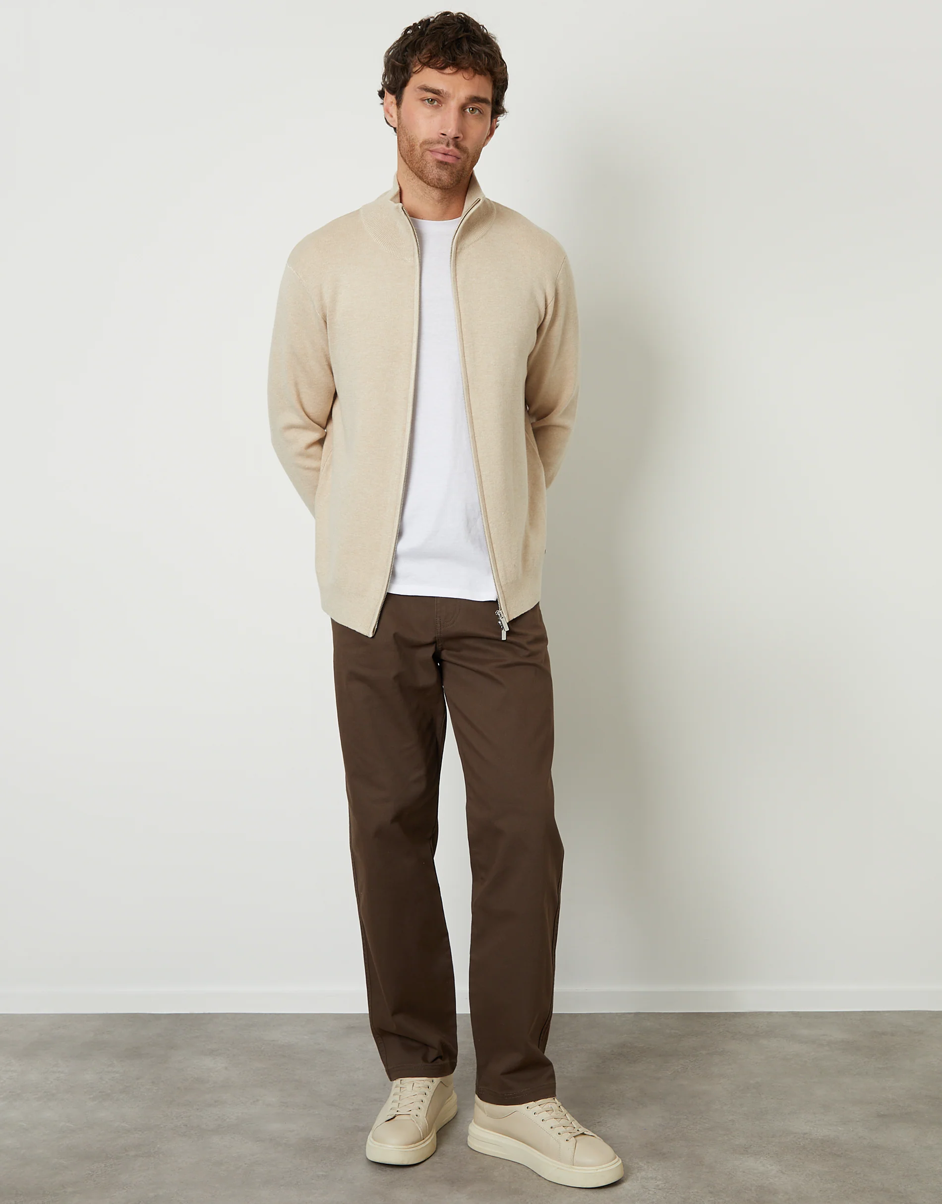 Zip-Through Funnel Neck Knitted Cardigan in Ecru - Image 3