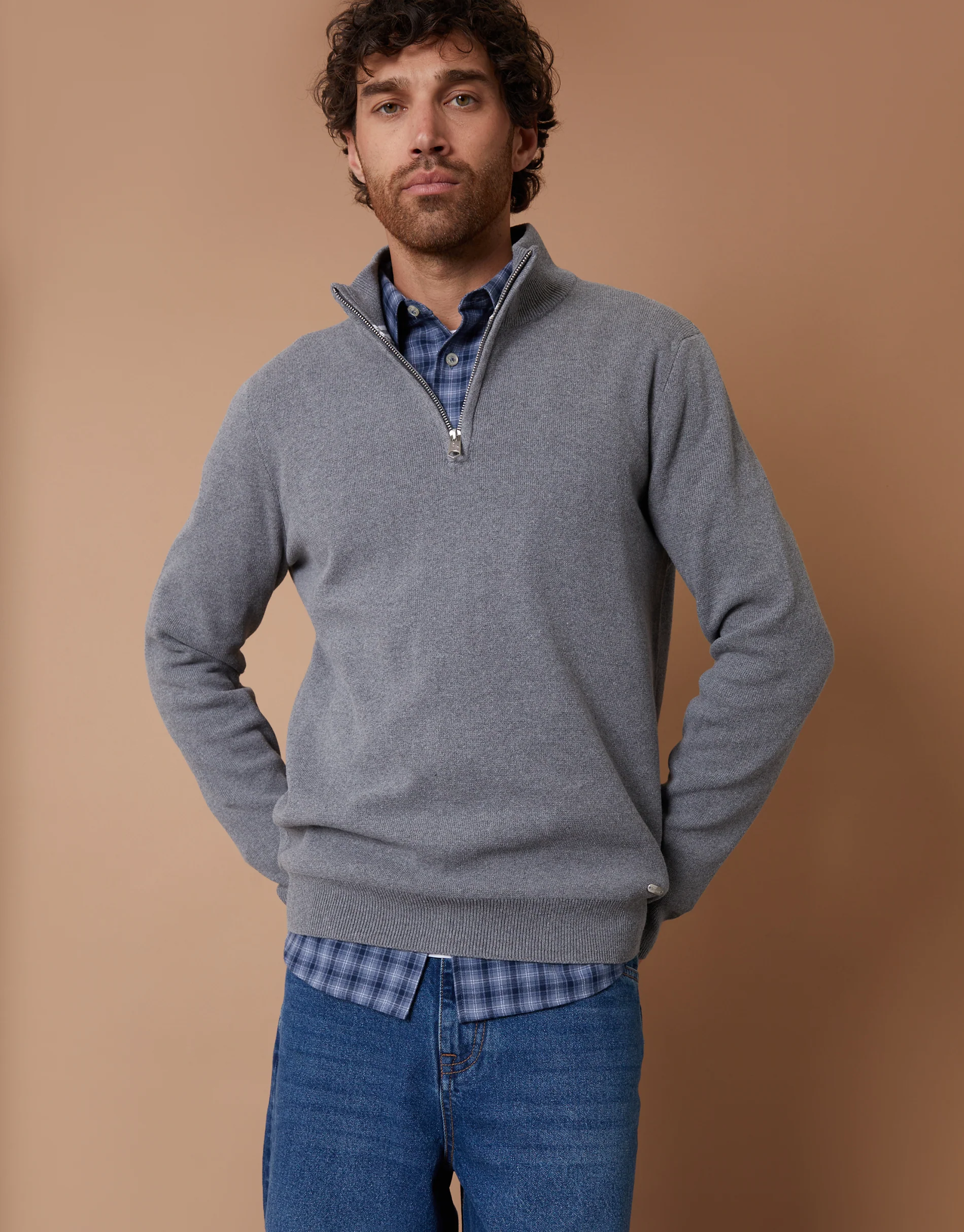 Knitted Quarter Zip Jumper in Grey - Image 5