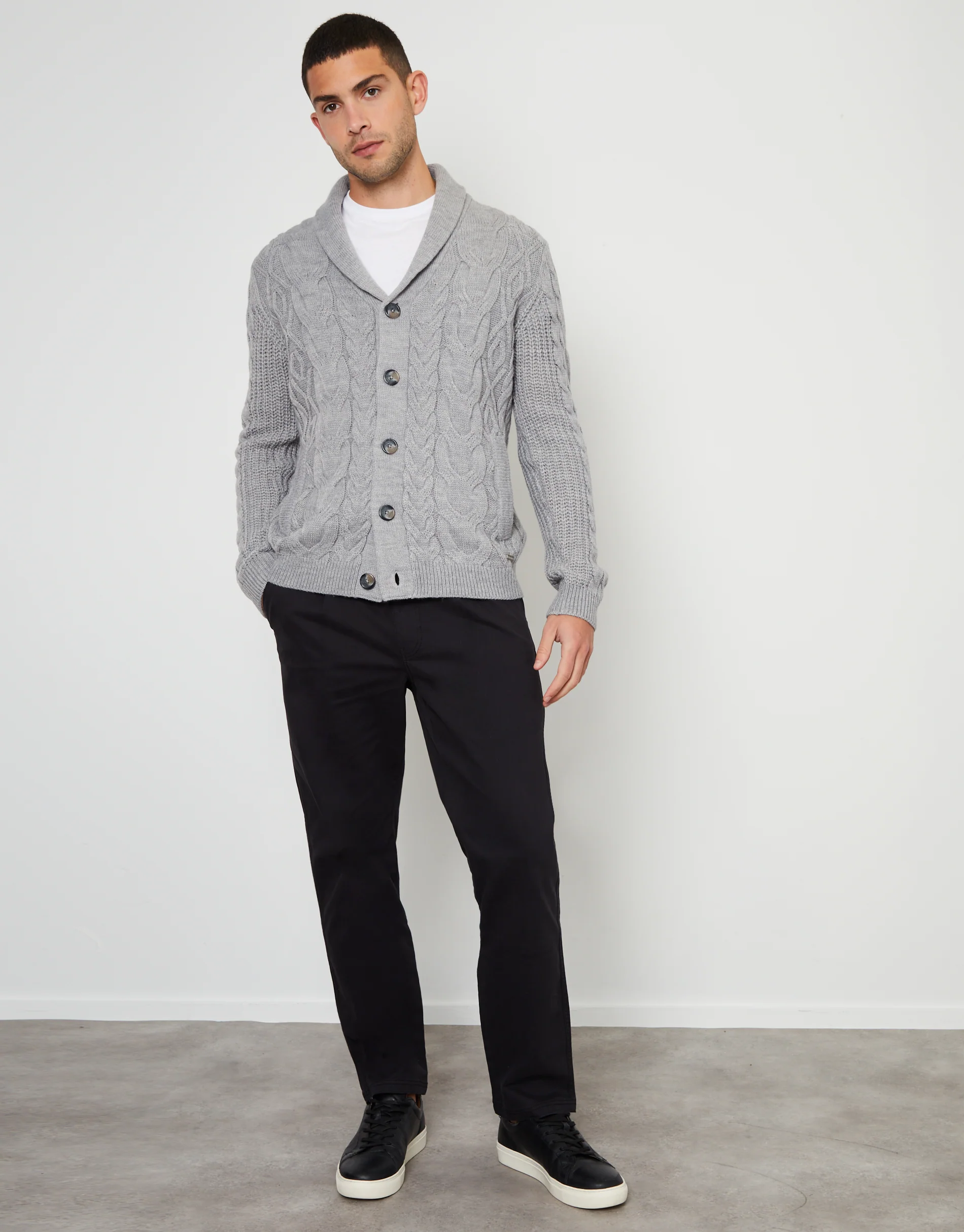 Cable Knit Shawl Cardigan in Grey Marl - Image 3