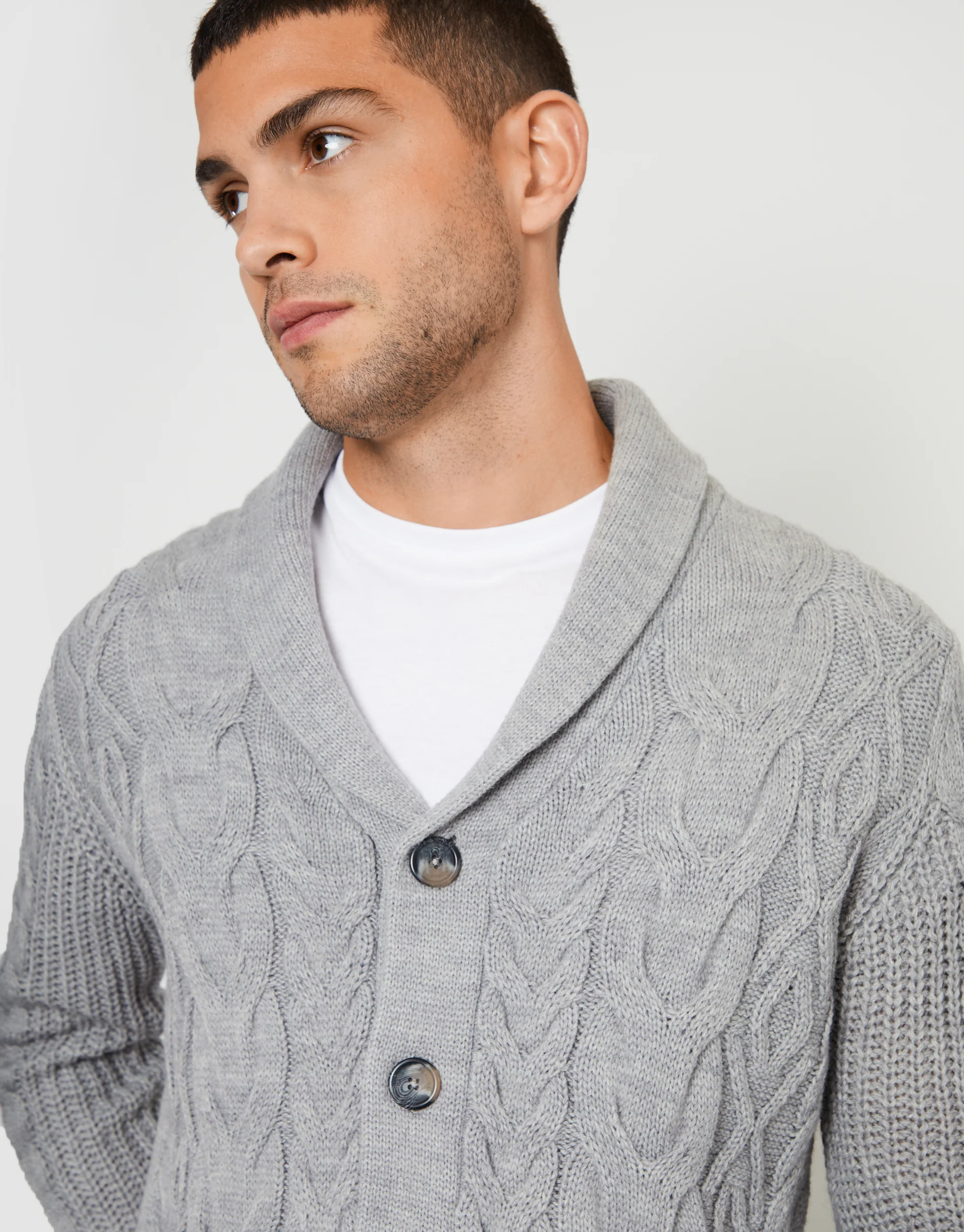 Cable Knit Shawl Cardigan in Grey Marl - Image 4