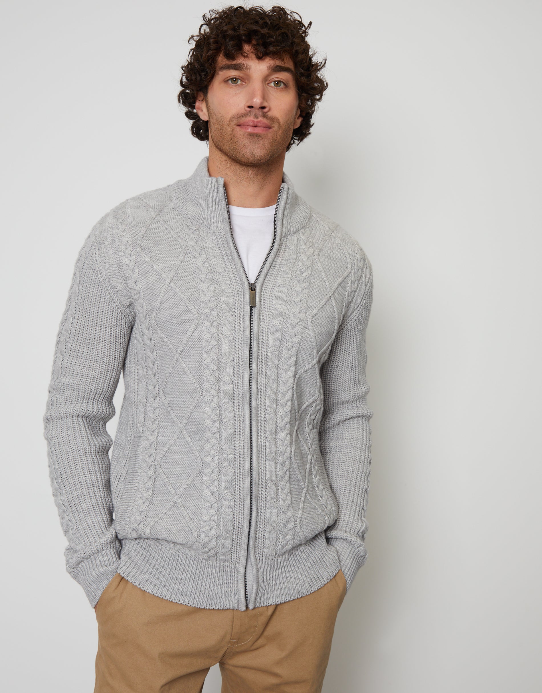 Cable Knit Zip Up Cardigan in Grey Marl