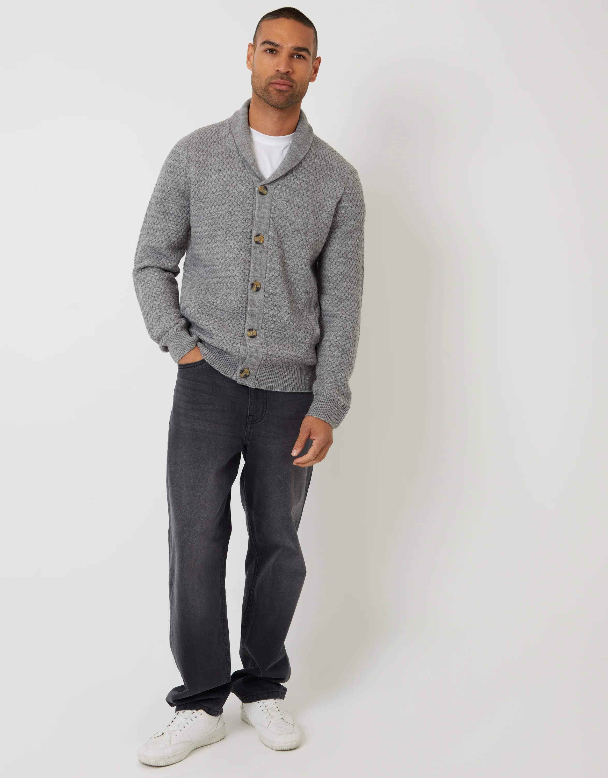 Knitted Shawl Cardigan in Grey Marl - Image 3