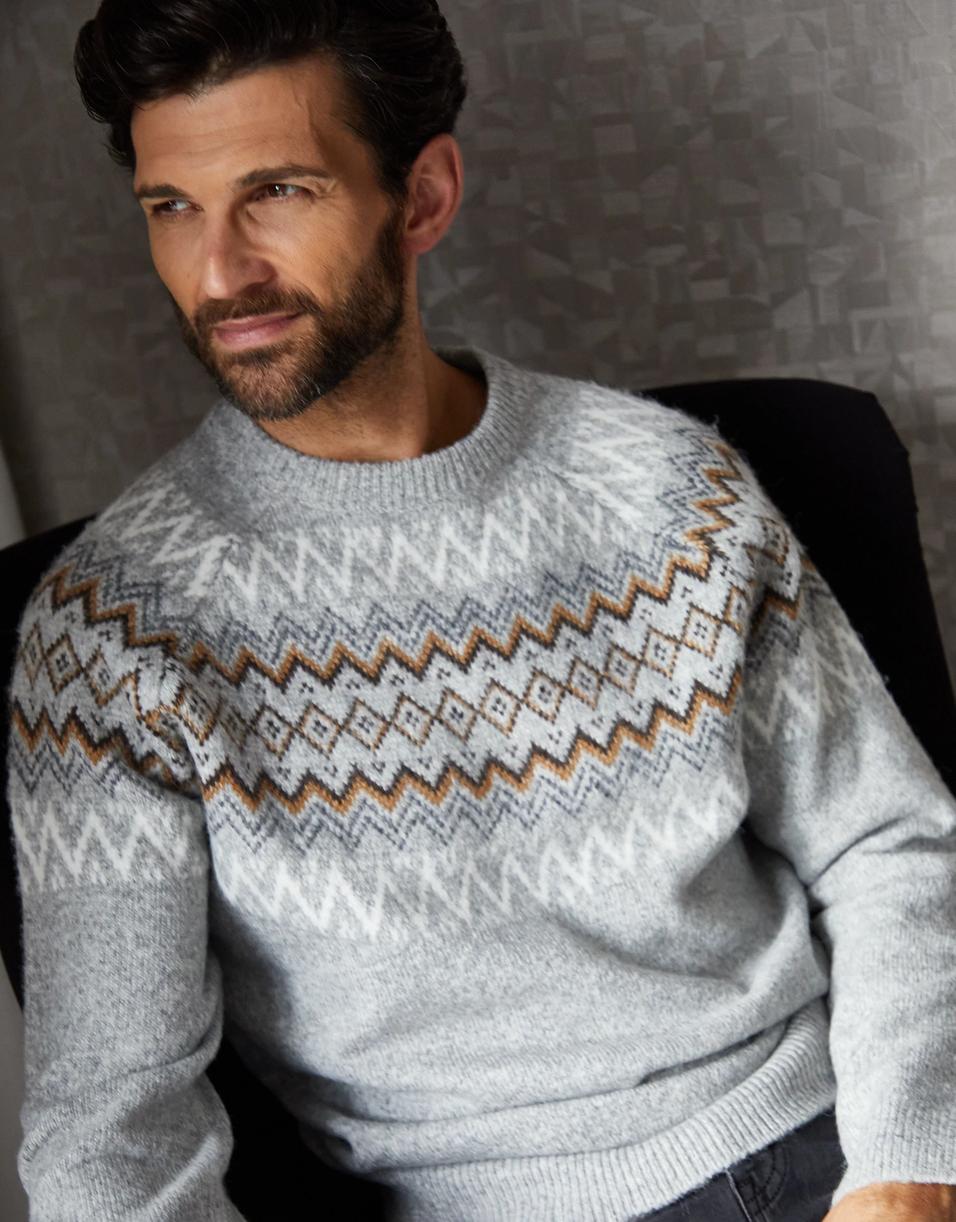 Raglan Fairisle Christmas Jumper in Grey Marl