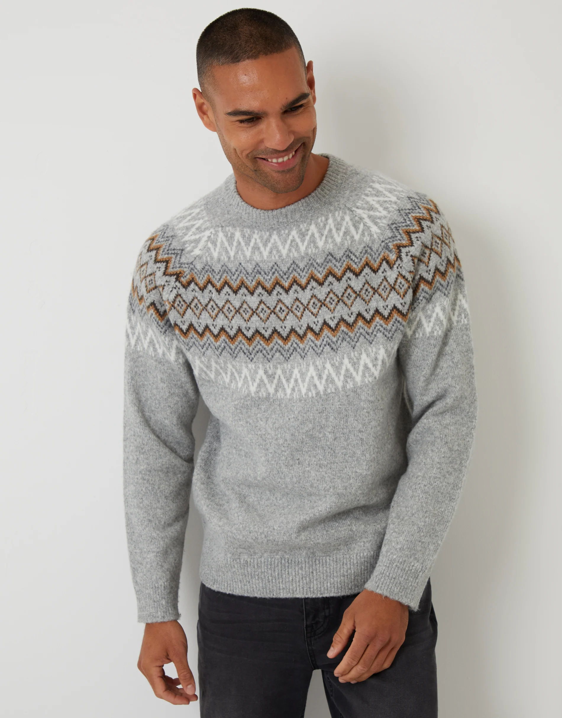 Raglan Fairisle Christmas Jumper in Grey Marl - Image 2