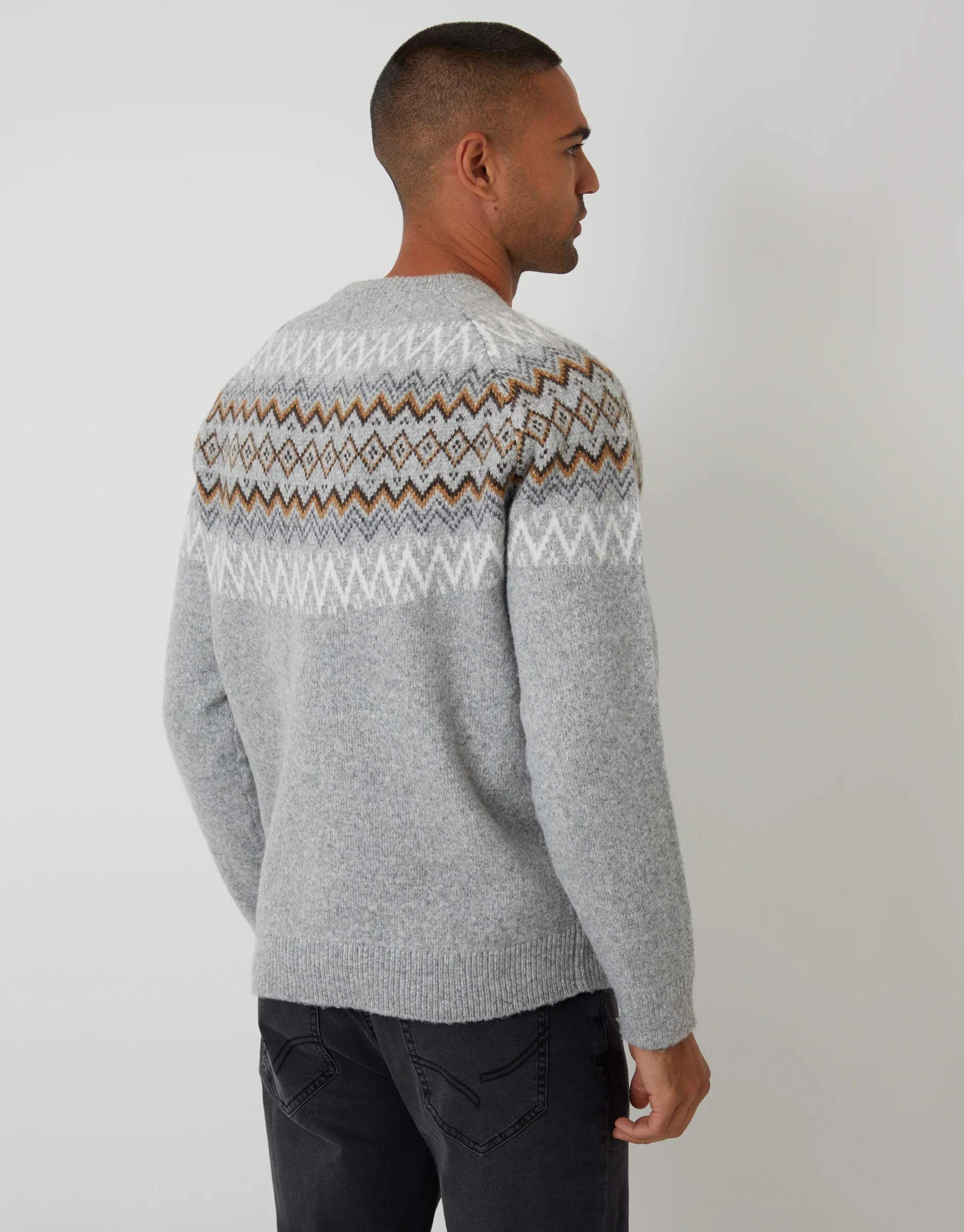 Raglan Fairisle Christmas Jumper in Grey Marl - Image 3