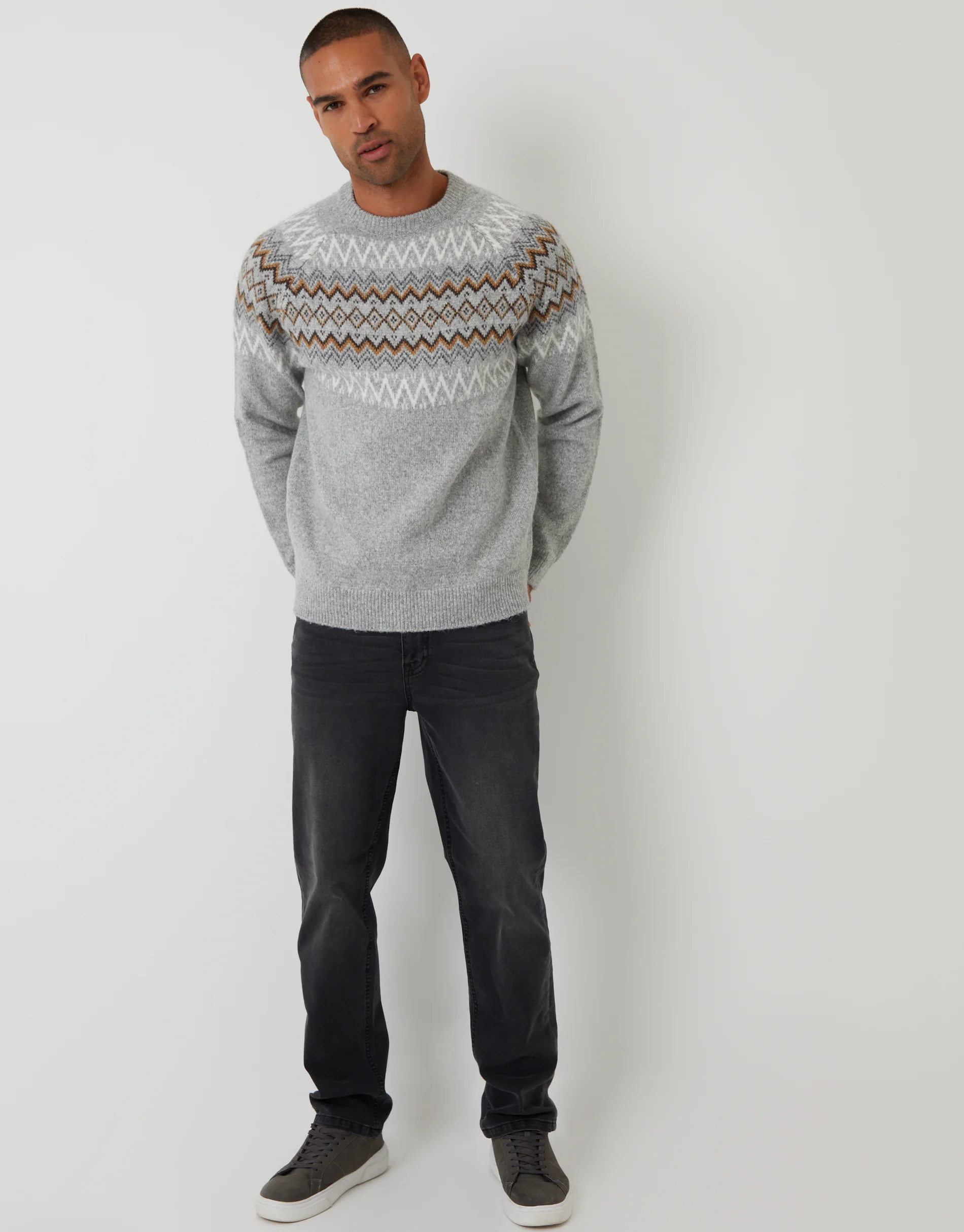 Raglan Fairisle Christmas Jumper in Grey Marl - Image 4