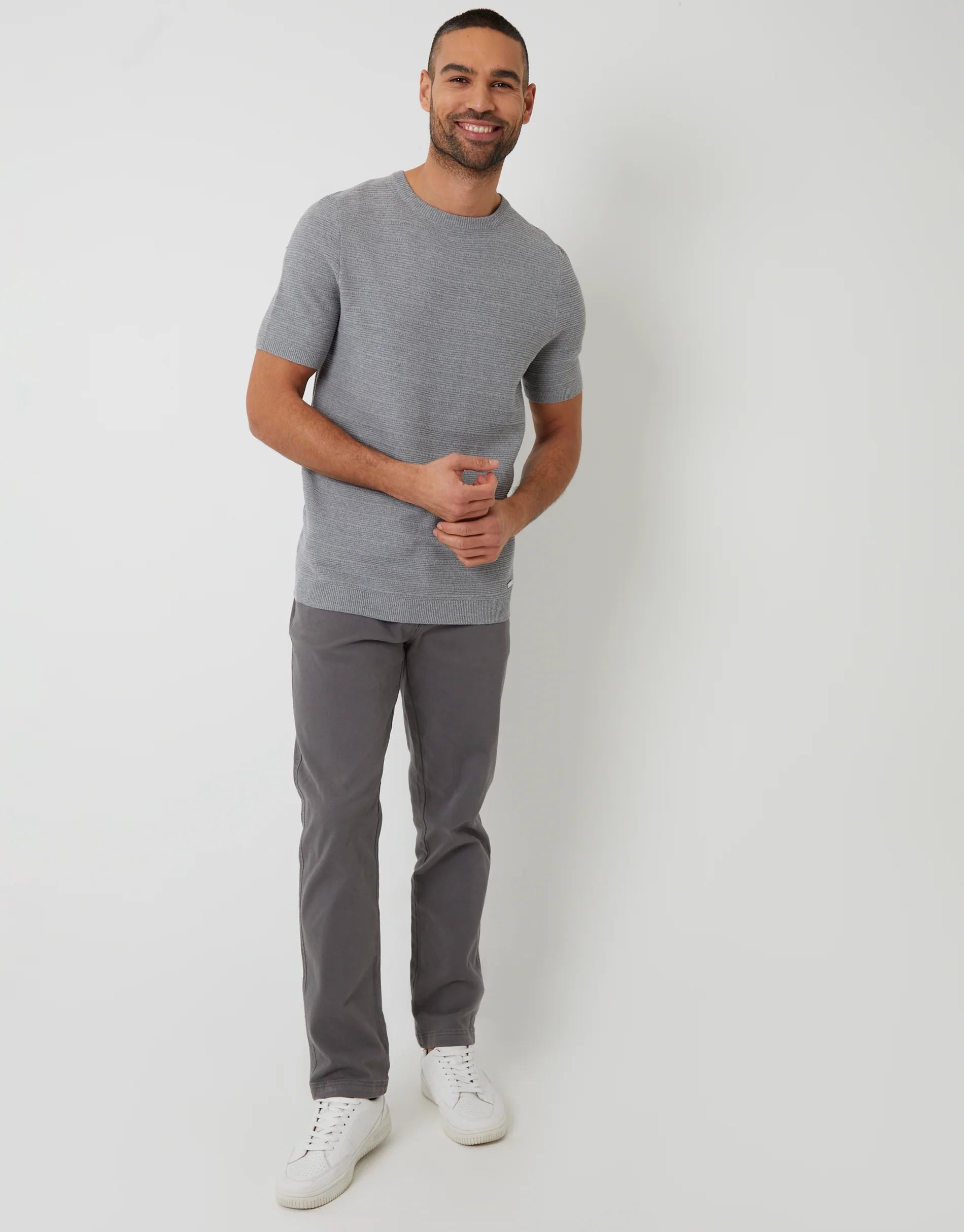 Textured Knitted T-Shirt in Grey Marl - Image 3