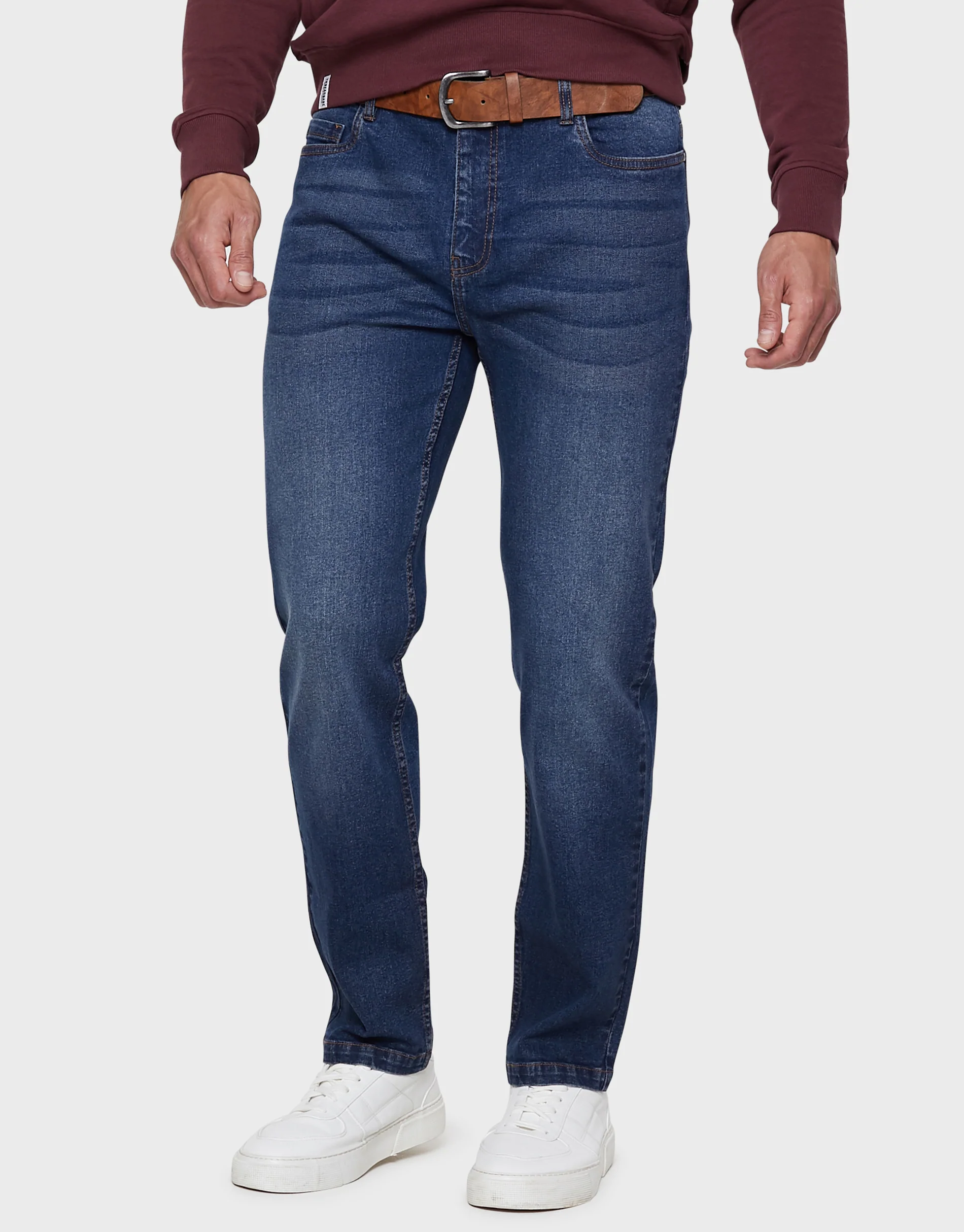 Straight Leg Belted Jeans in Mid Blue