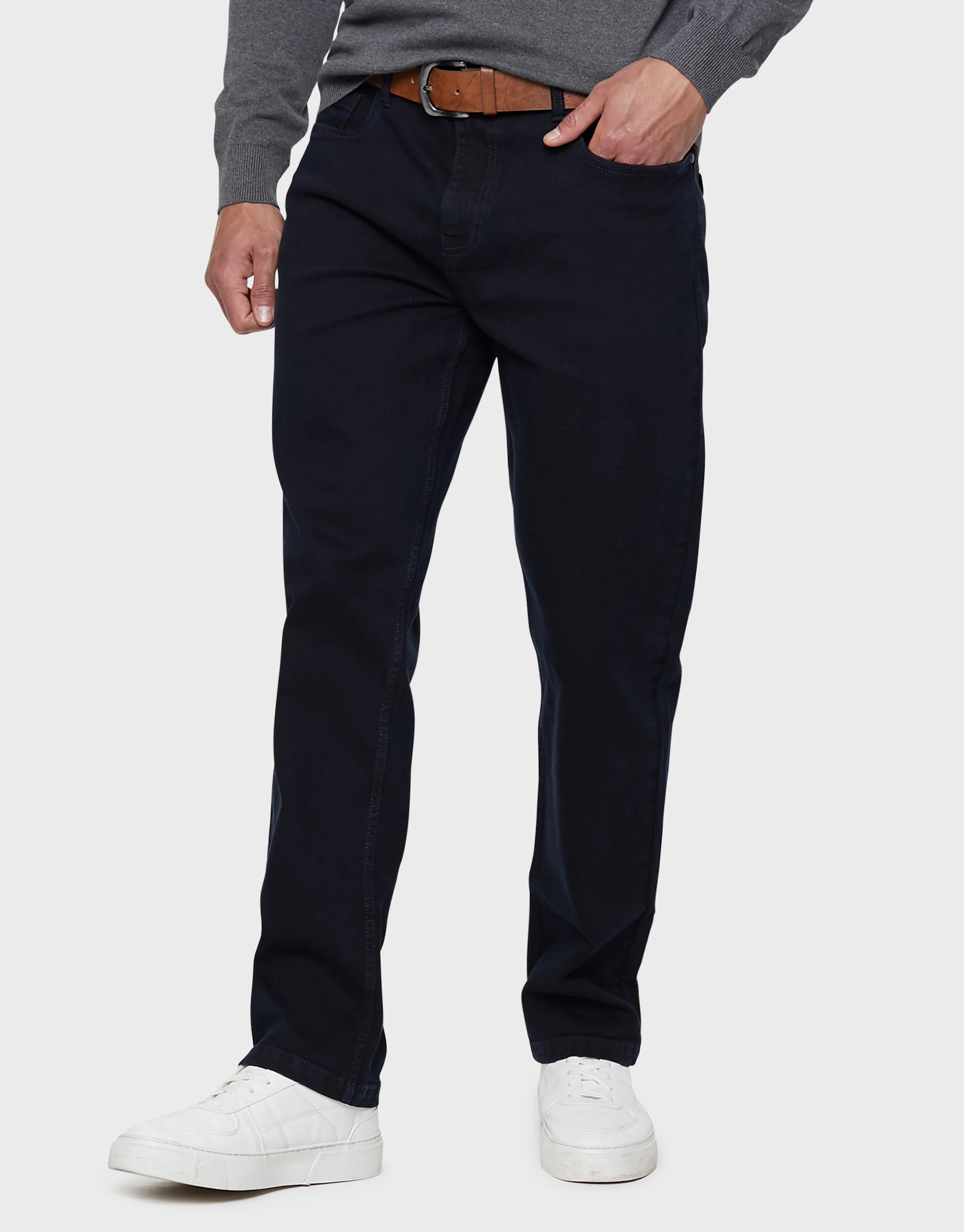 Straight Leg Belted Jeans in Blue Black Mix
