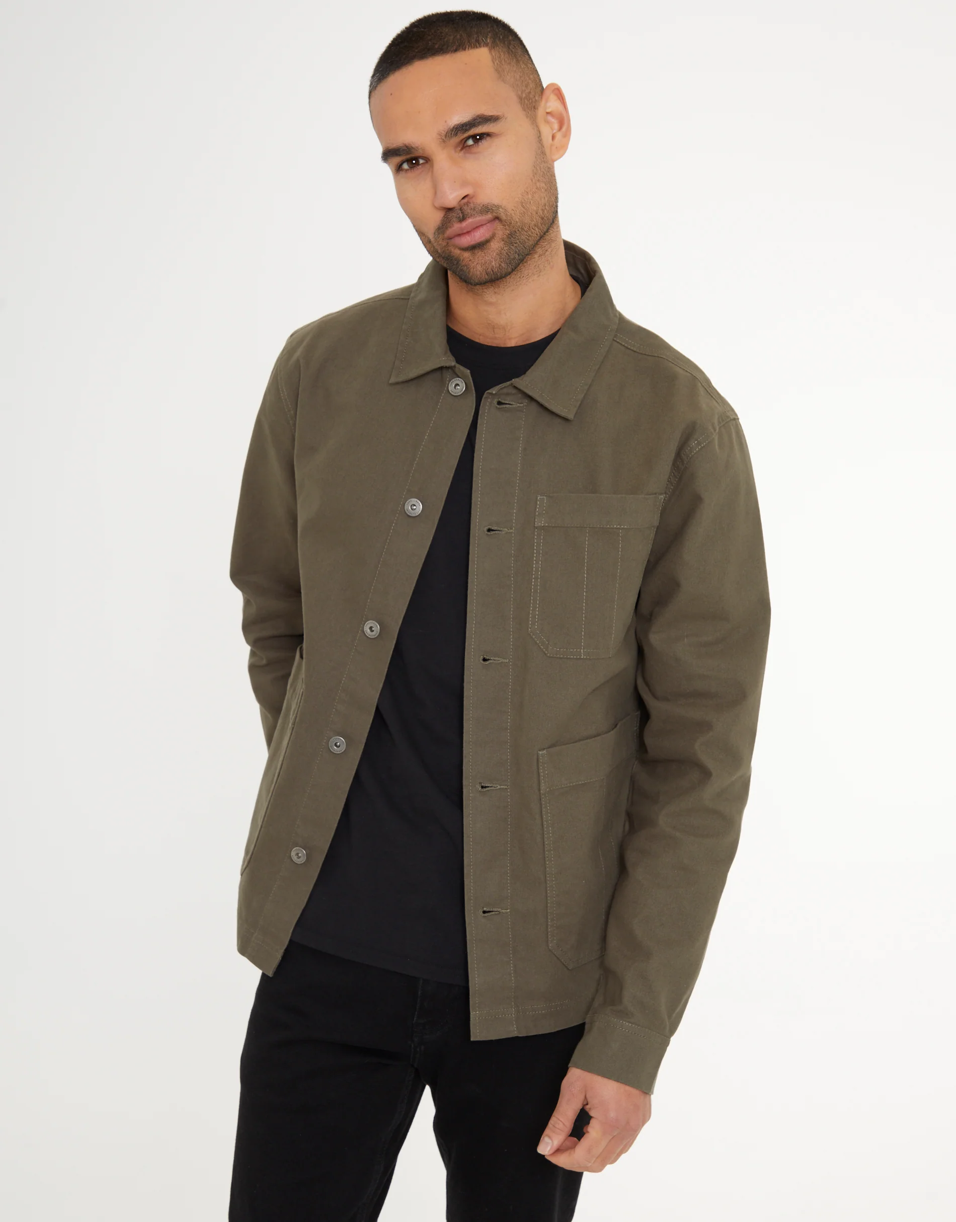 Button Up Lightweight Collared Utility Jacket in Khaki Green