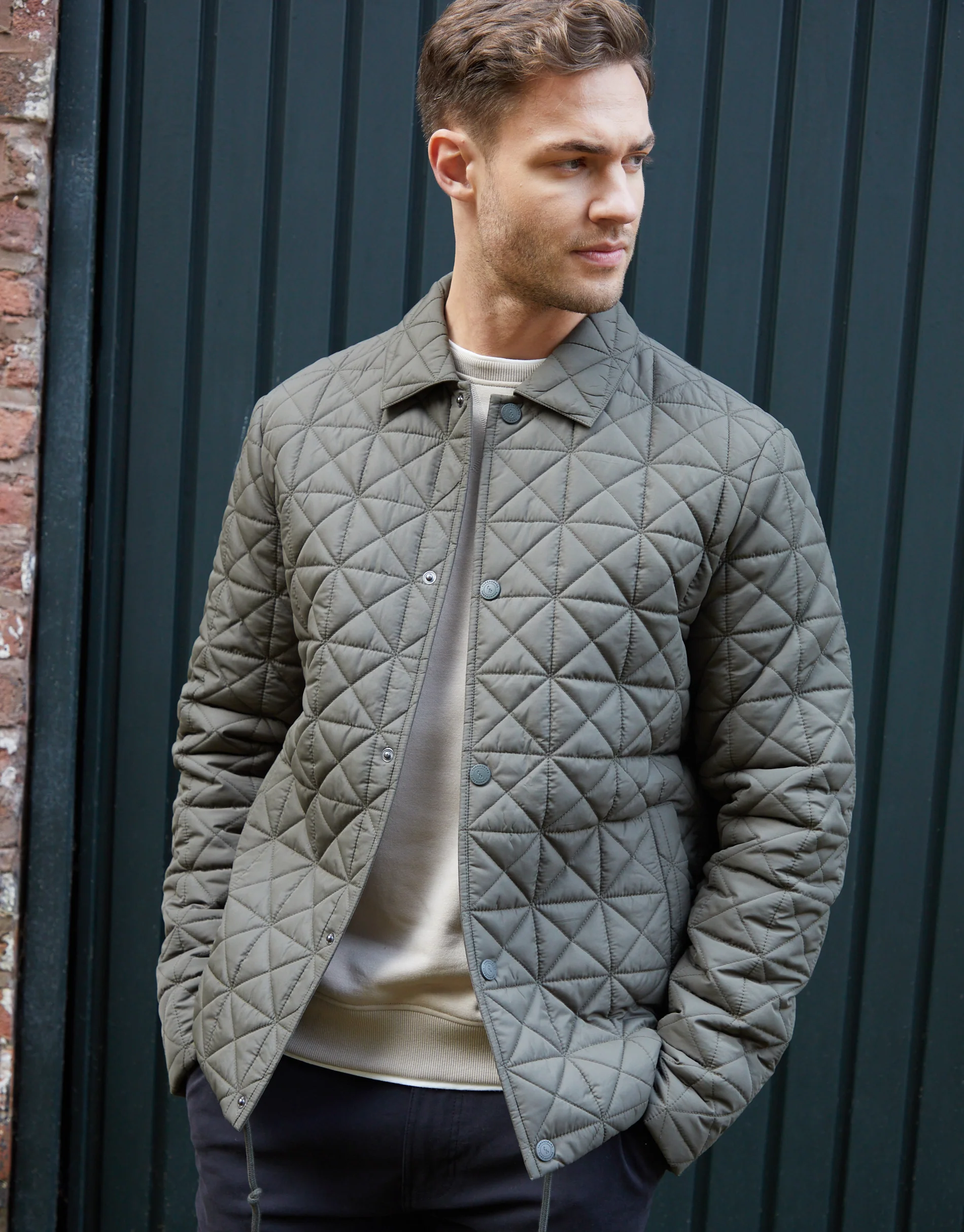 Collared Quilted Jacket in Khaki Green