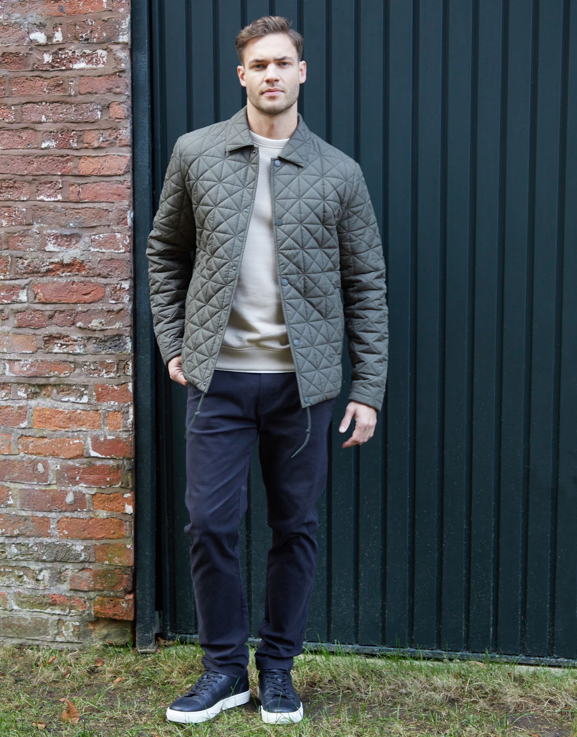 Collared Quilted Jacket in Khaki Green - Image 3