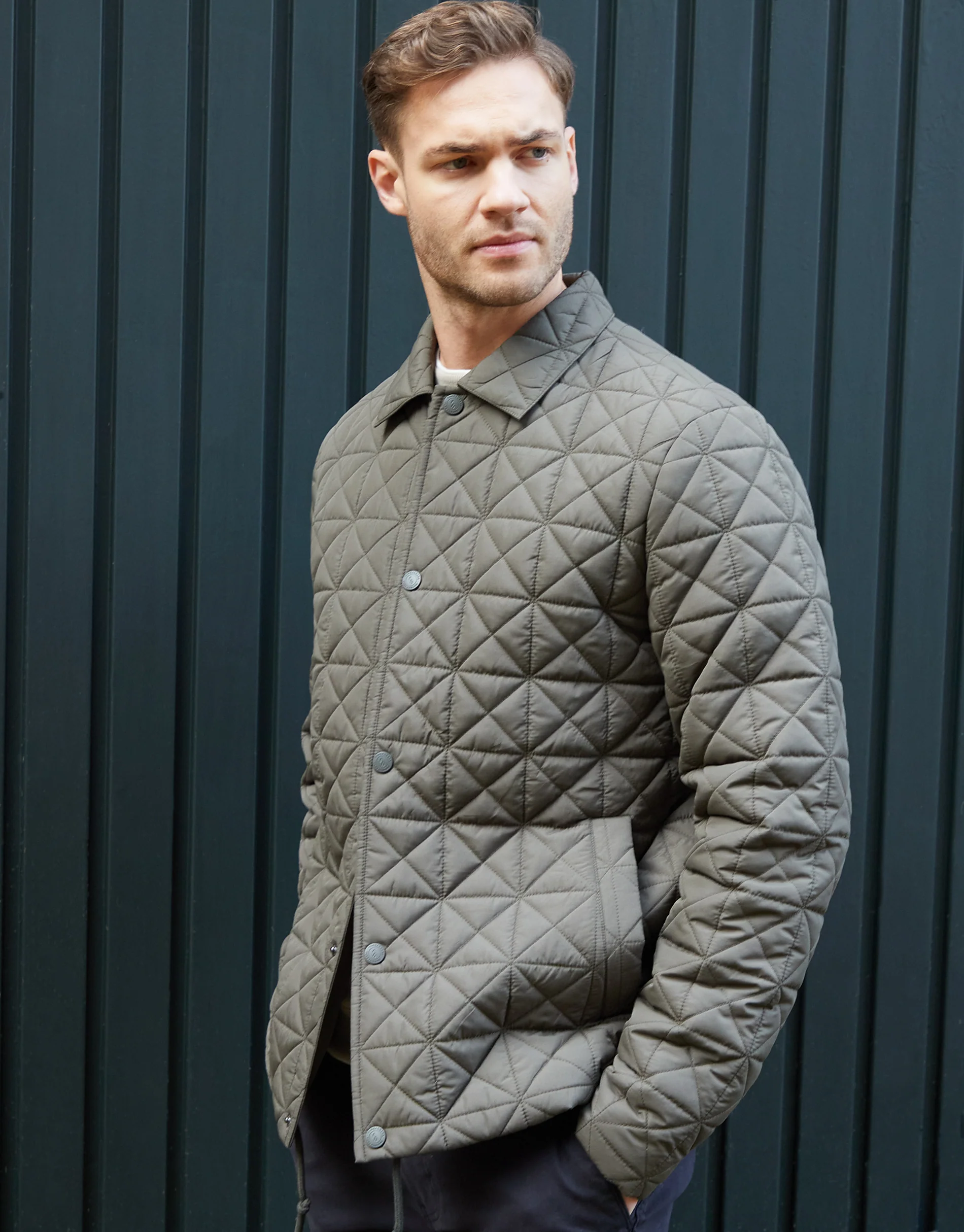 Collared Quilted Jacket in Khaki Green - Image 4