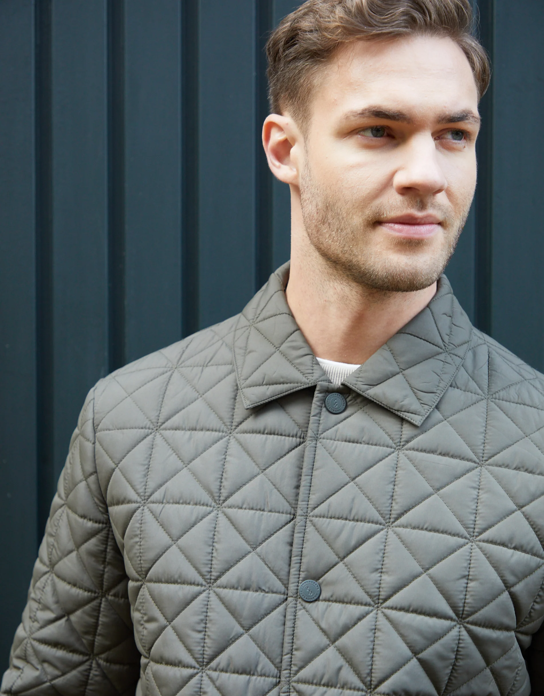 Collared Quilted Jacket in Khaki Green - Image 5