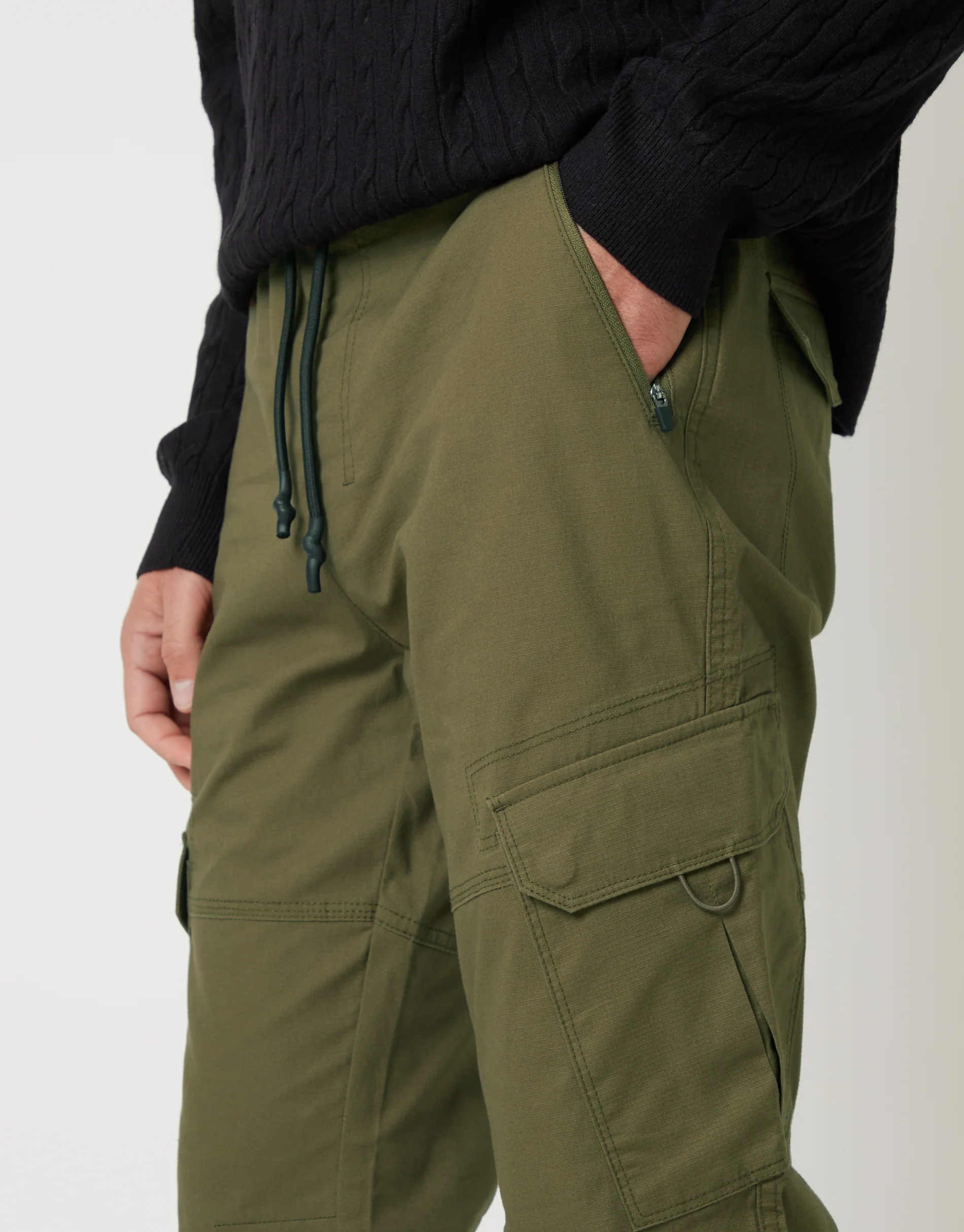 Drawcord Cargo Trousers in Khaki Green - Image 4
