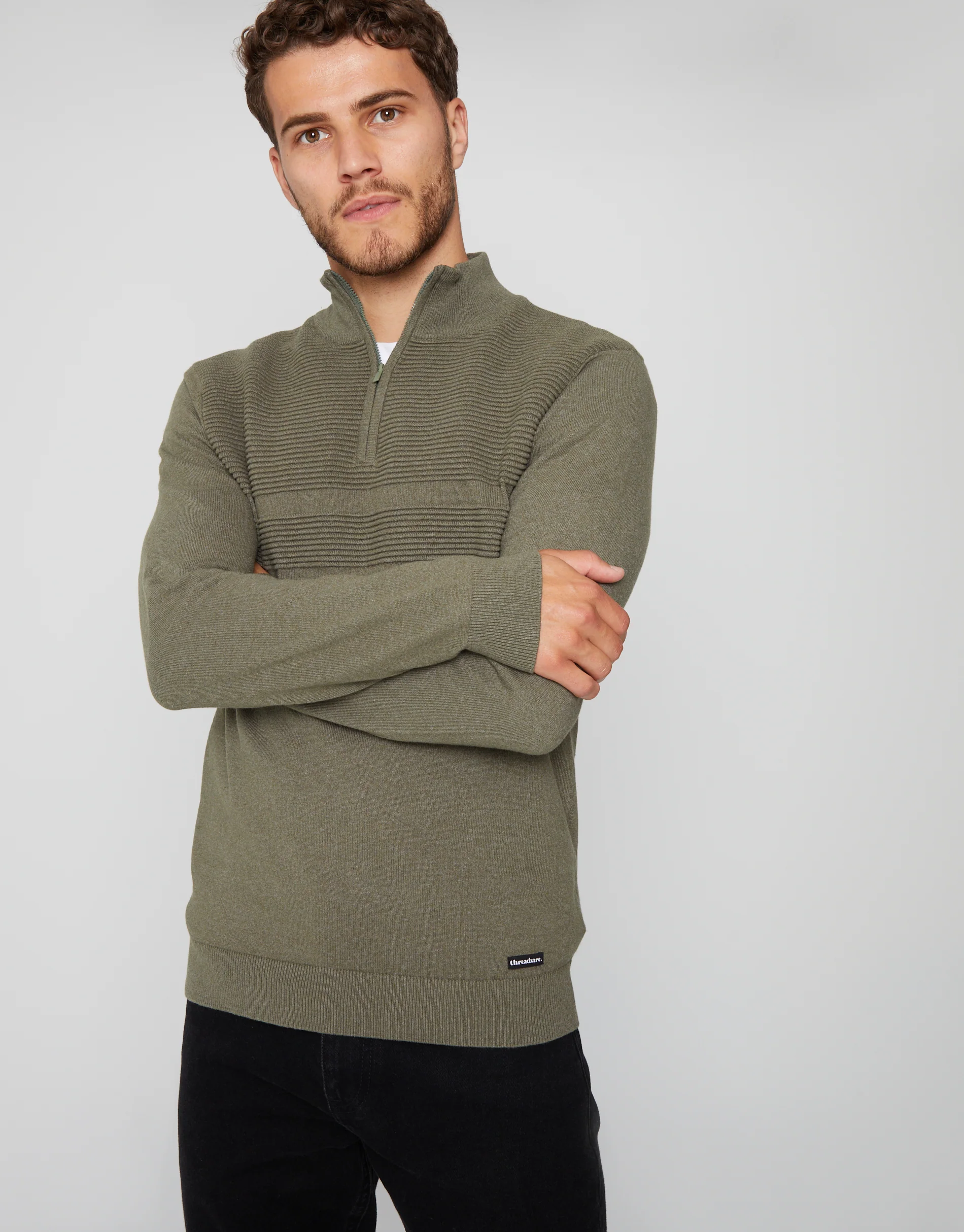 Rib Detail Knitted Quarter Zip Jumper in Khaki Green