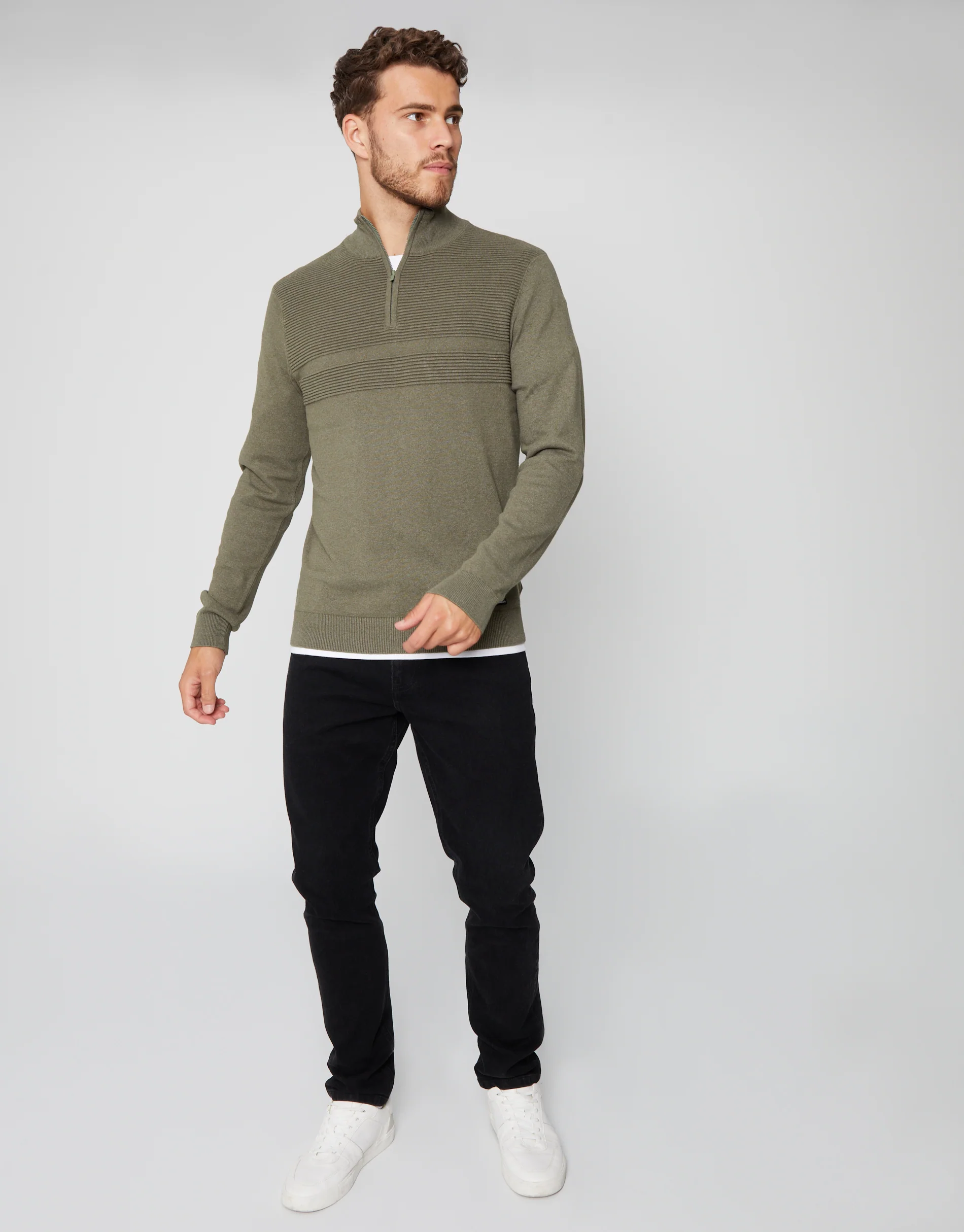 Rib Detail Knitted Quarter Zip Jumper in Khaki Green - Image 3