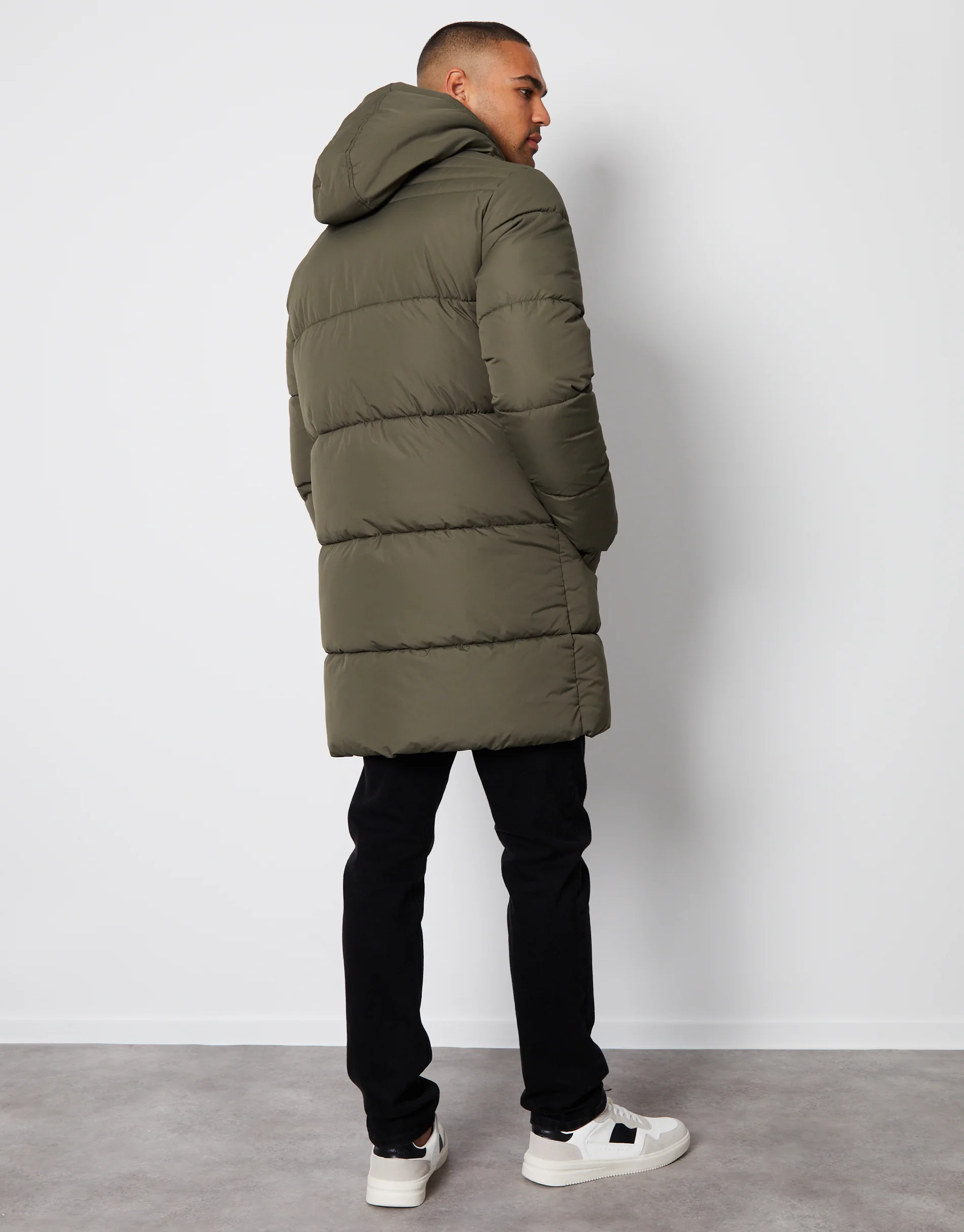 Showerproof Hooded Longline Puffer Jacket in Khaki Green - Image 2