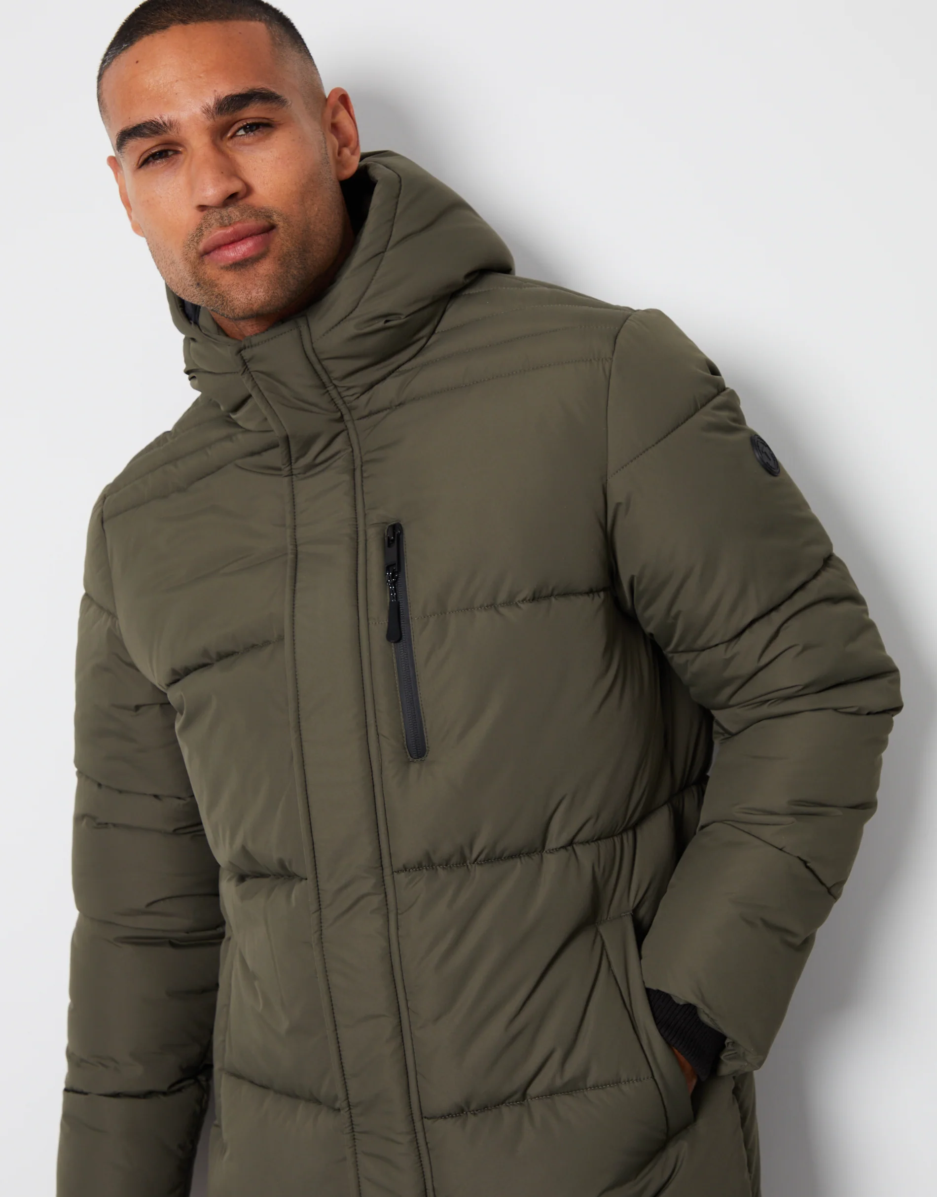 Showerproof Hooded Longline Puffer Jacket in Khaki Green - Image 4