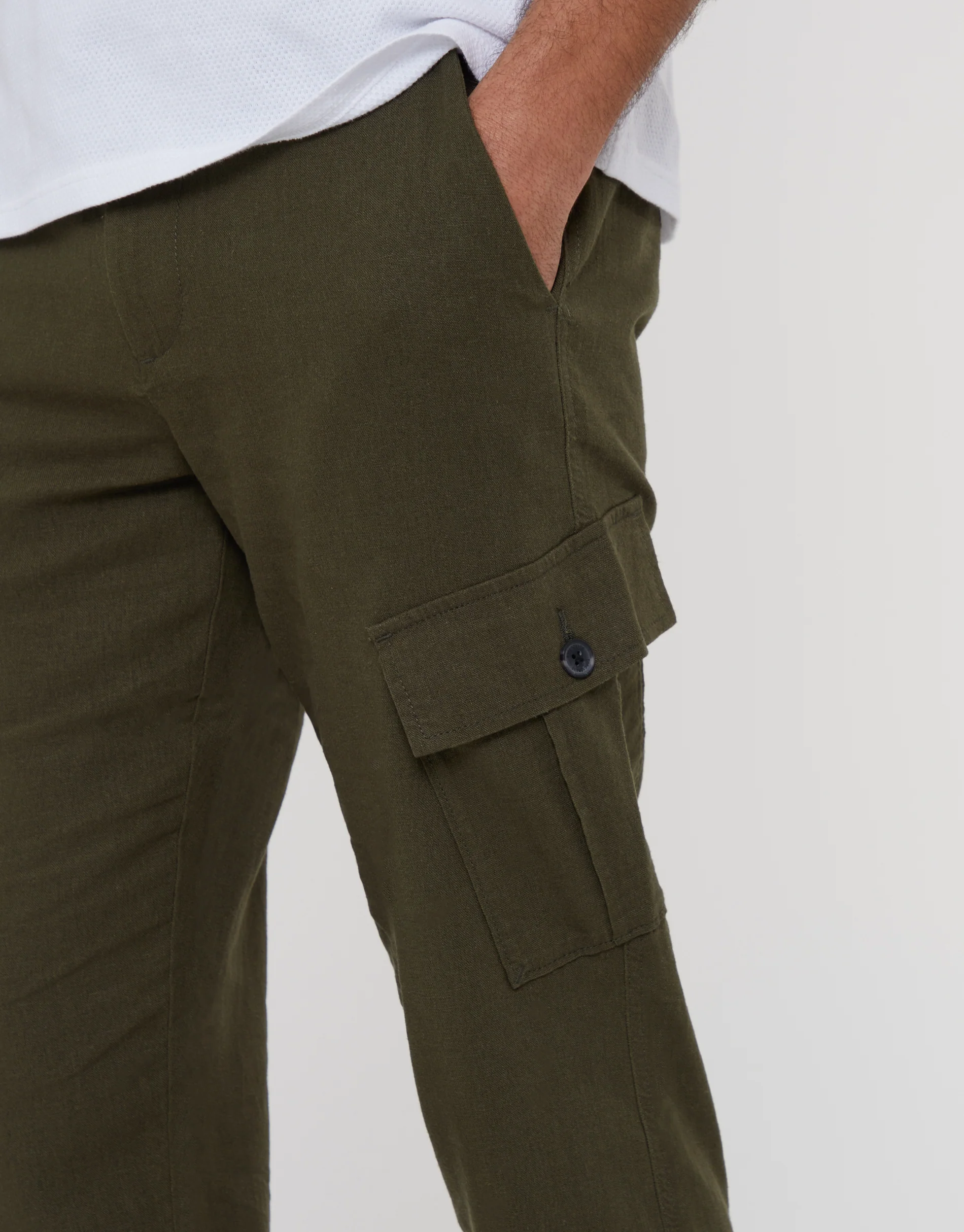 Linen Blend Cargo Trousers in Khaki Green - Image 4
