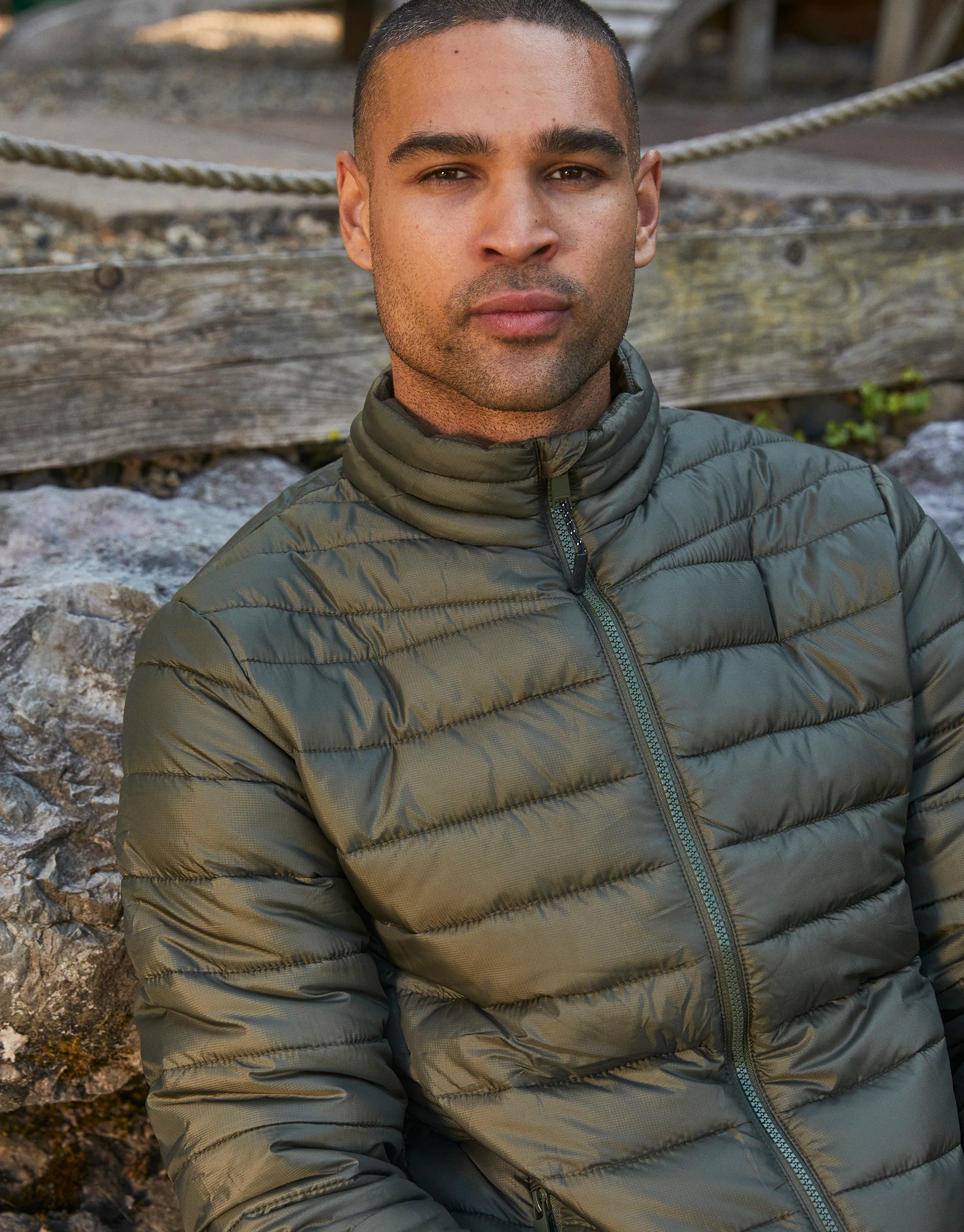 Matte Finish Padded Funnel Neck Jacket in Khaki Green