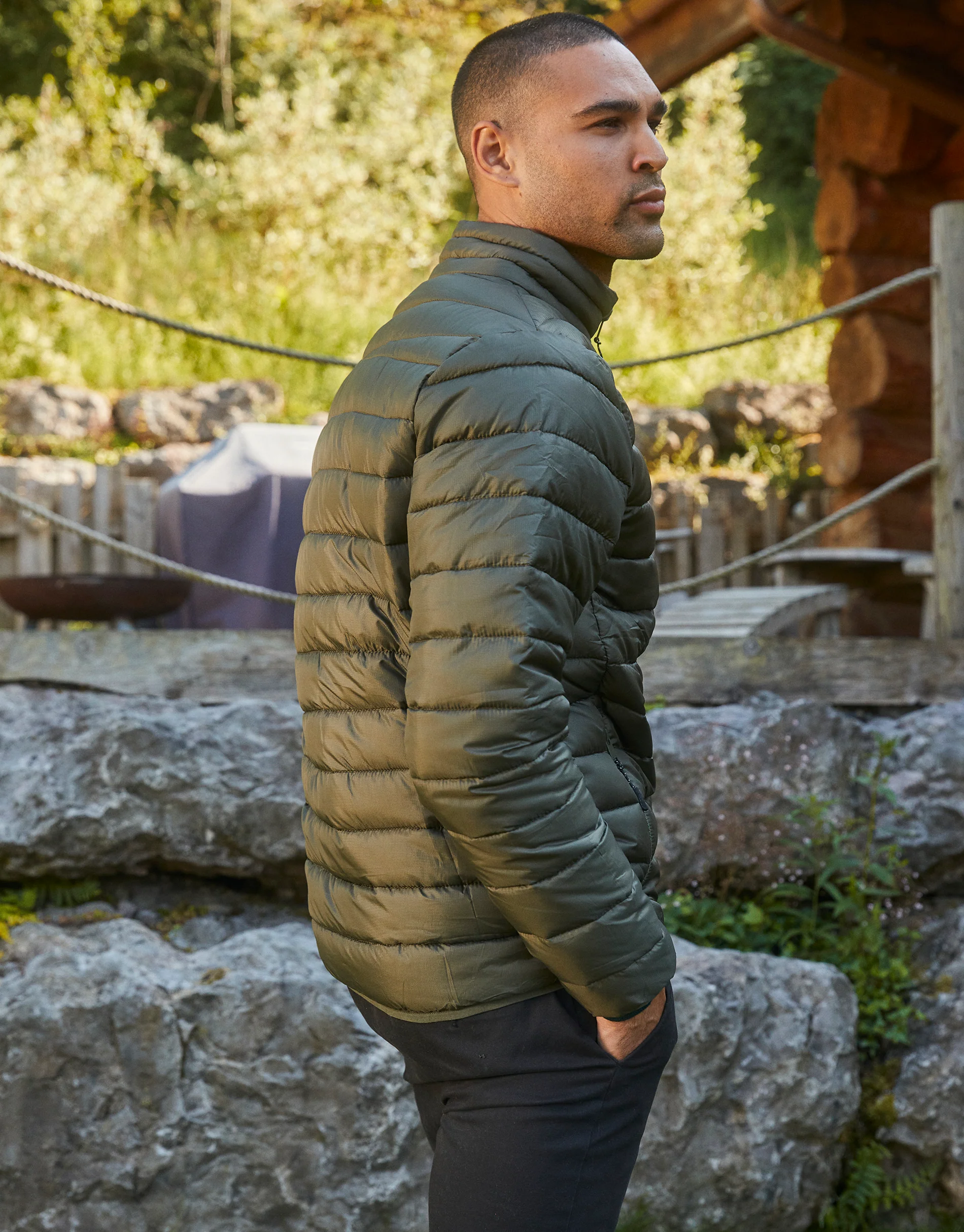 Matte Finish Padded Funnel Neck Jacket in Khaki Green - Image 2