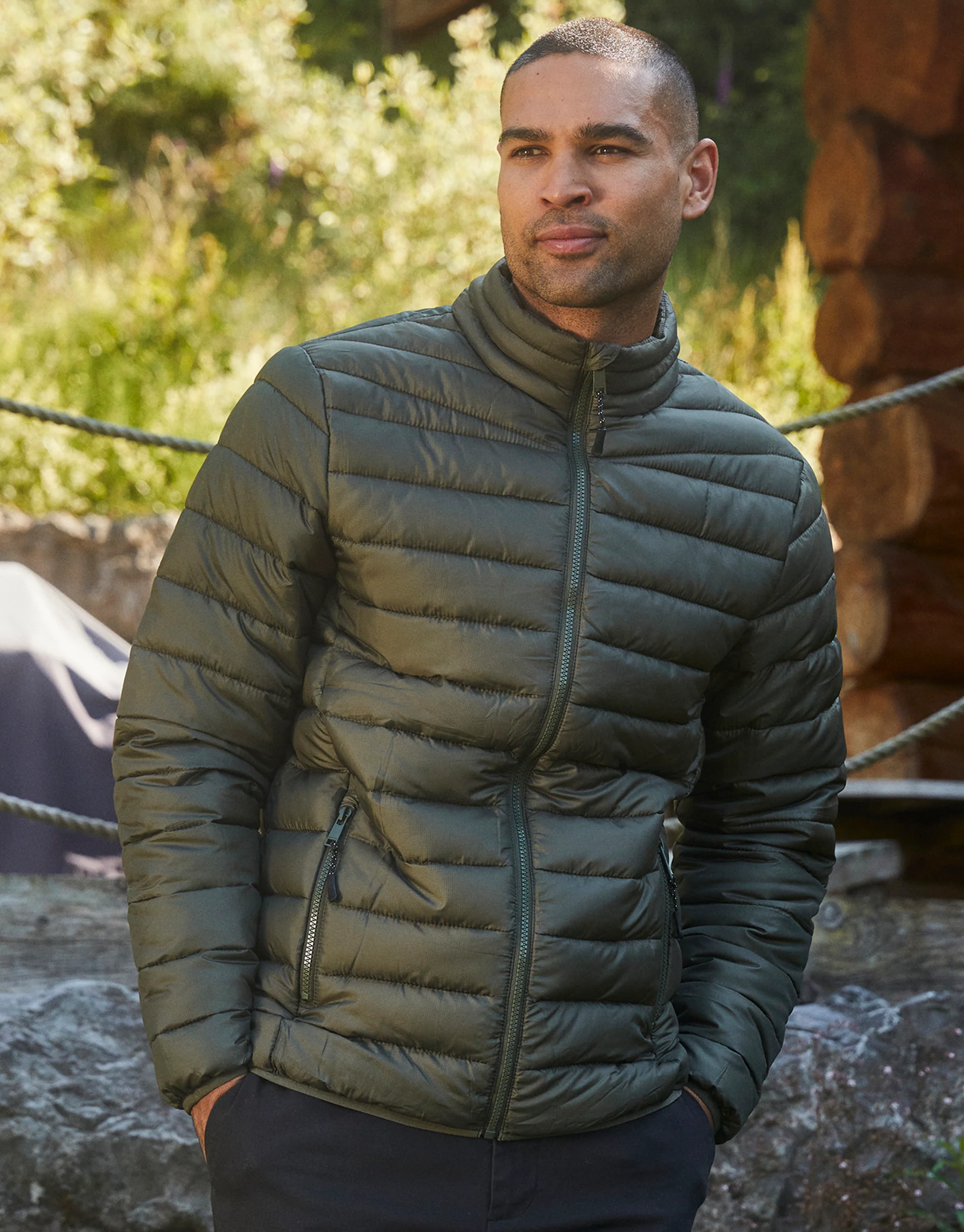 Matte Finish Padded Funnel Neck Jacket in Khaki Green - Image 3