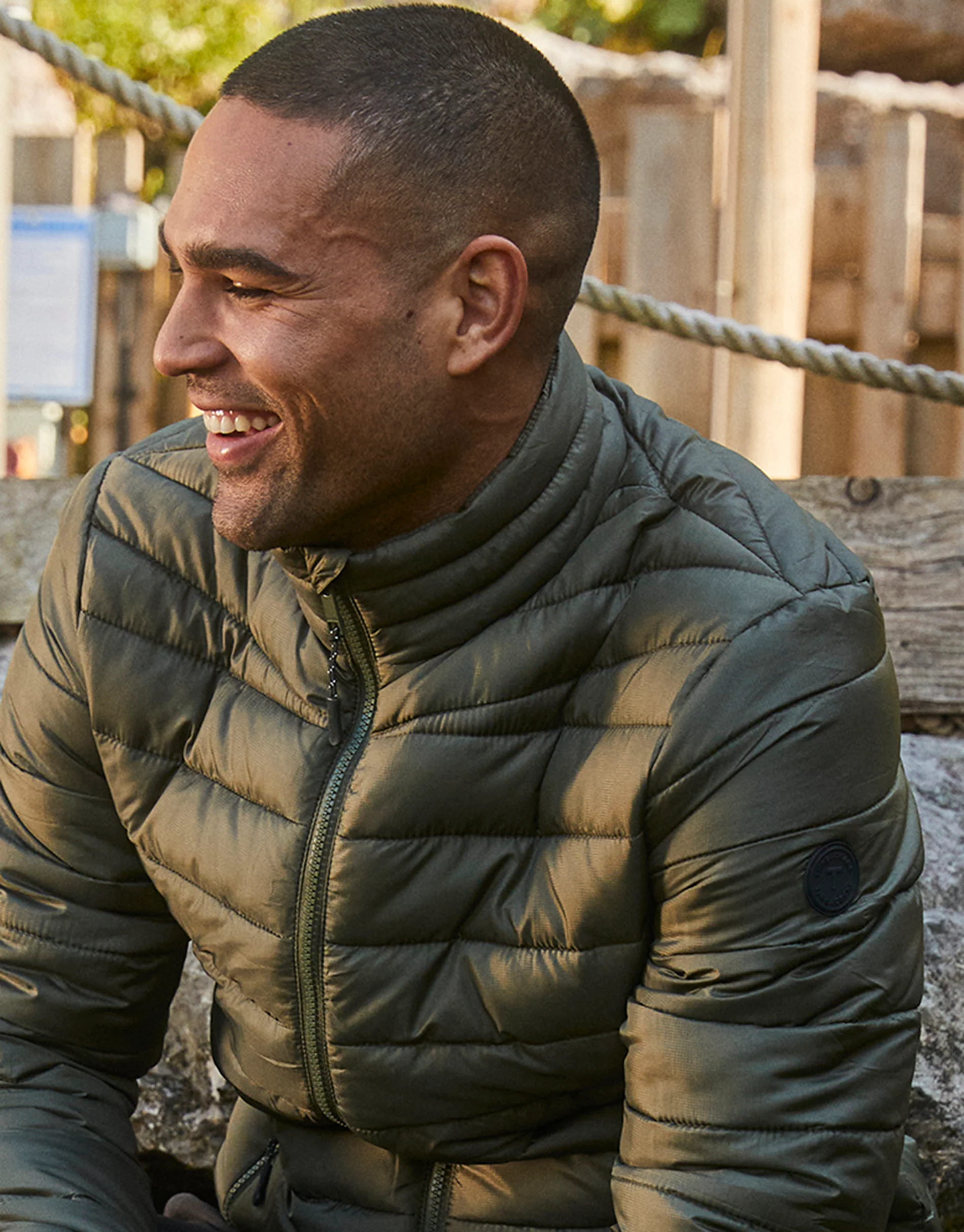 Matte Finish Padded Funnel Neck Jacket in Khaki Green - Image 4
