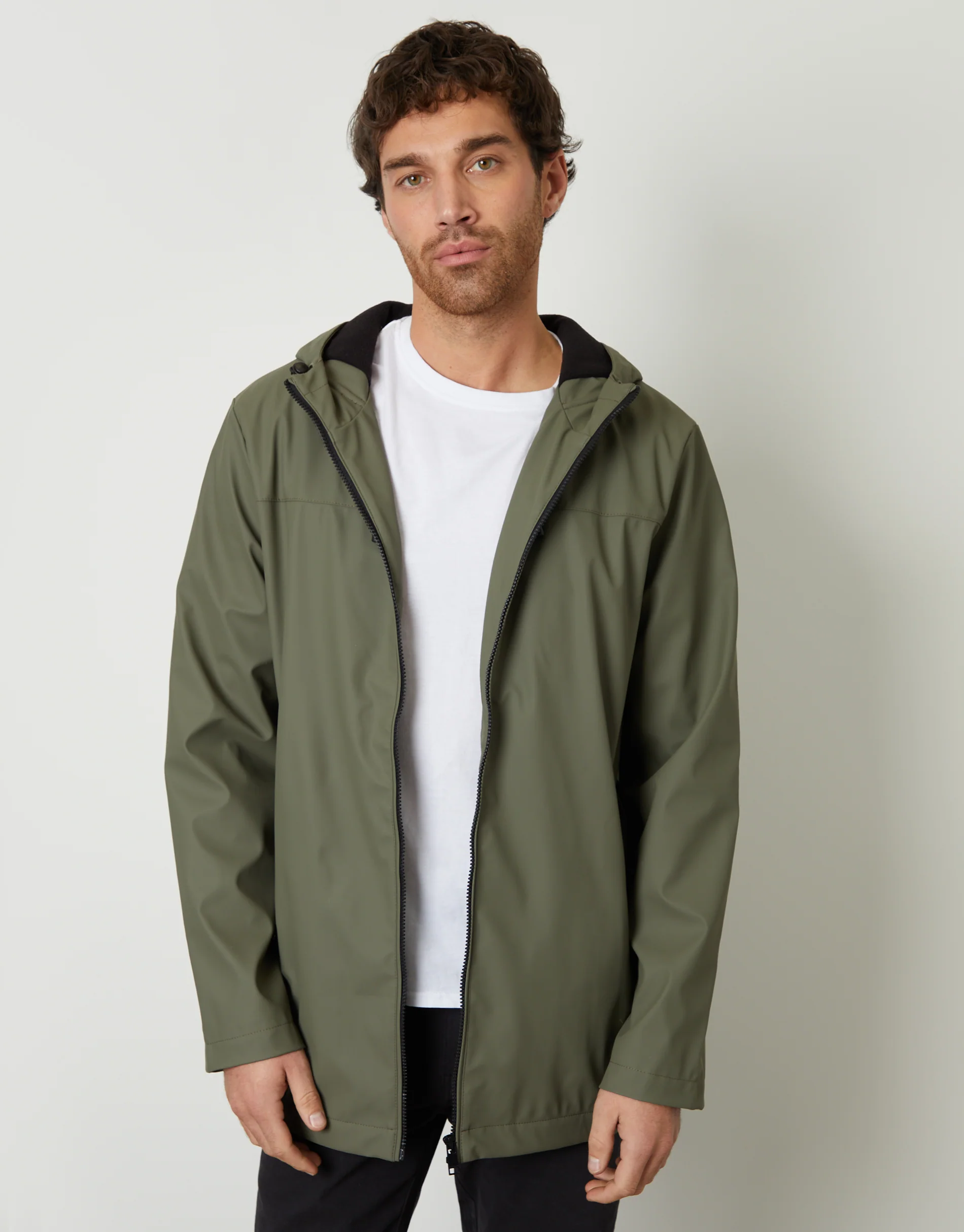Microfleece Lined Hooded Rubberised Raincoat in Khaki Green