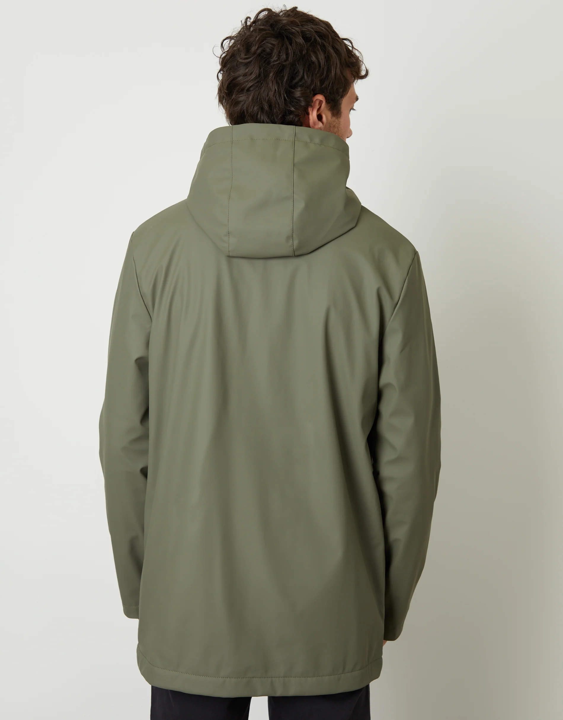 Microfleece Lined Hooded Rubberised Raincoat in Khaki Green - Image 2