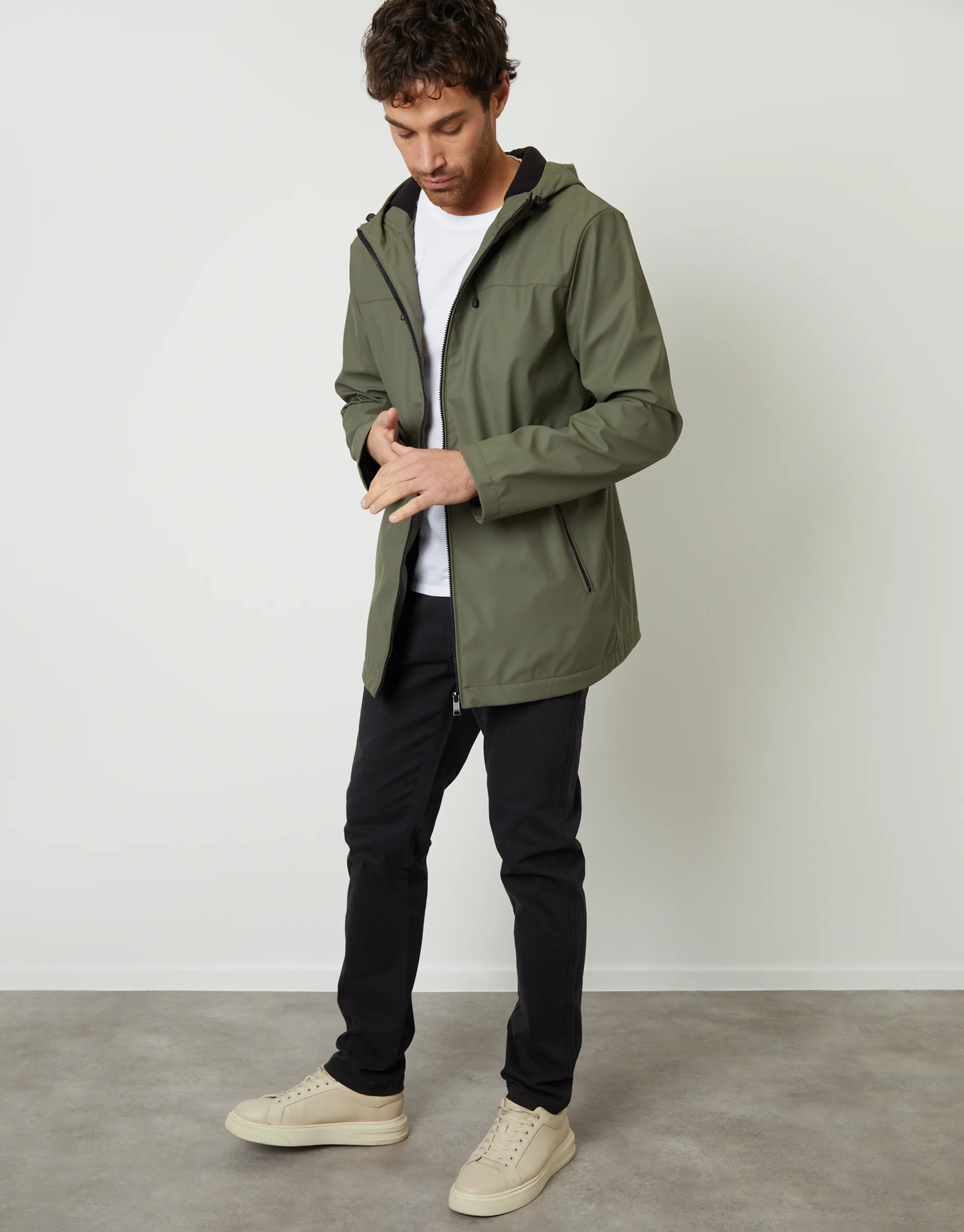 Microfleece Lined Hooded Rubberised Raincoat in Khaki Green - Image 3