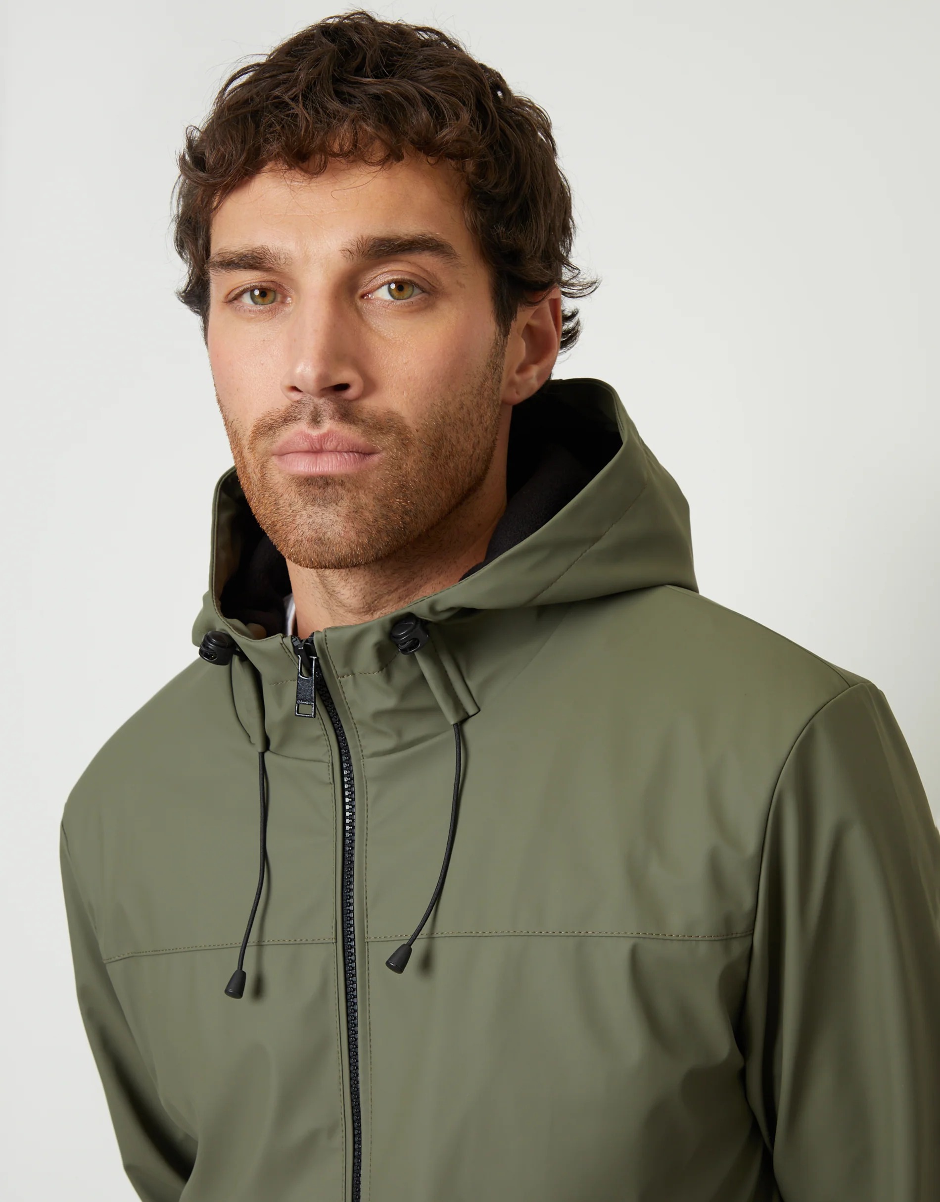 Microfleece Lined Hooded Rubberised Raincoat in Khaki Green - Image 4